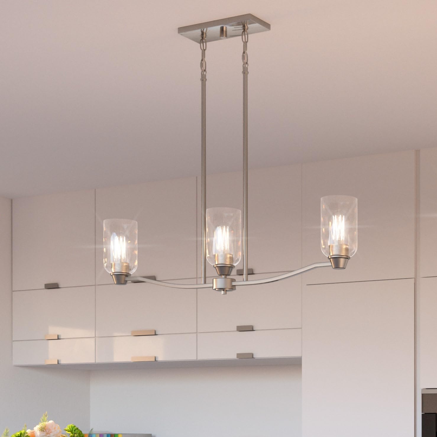 Quoizel Acacia 3-Light Brushed Nickel Linear Chandelier - Modern Dining Room Lighting Fixture for Kitchen Island, Bedroom or Entryway