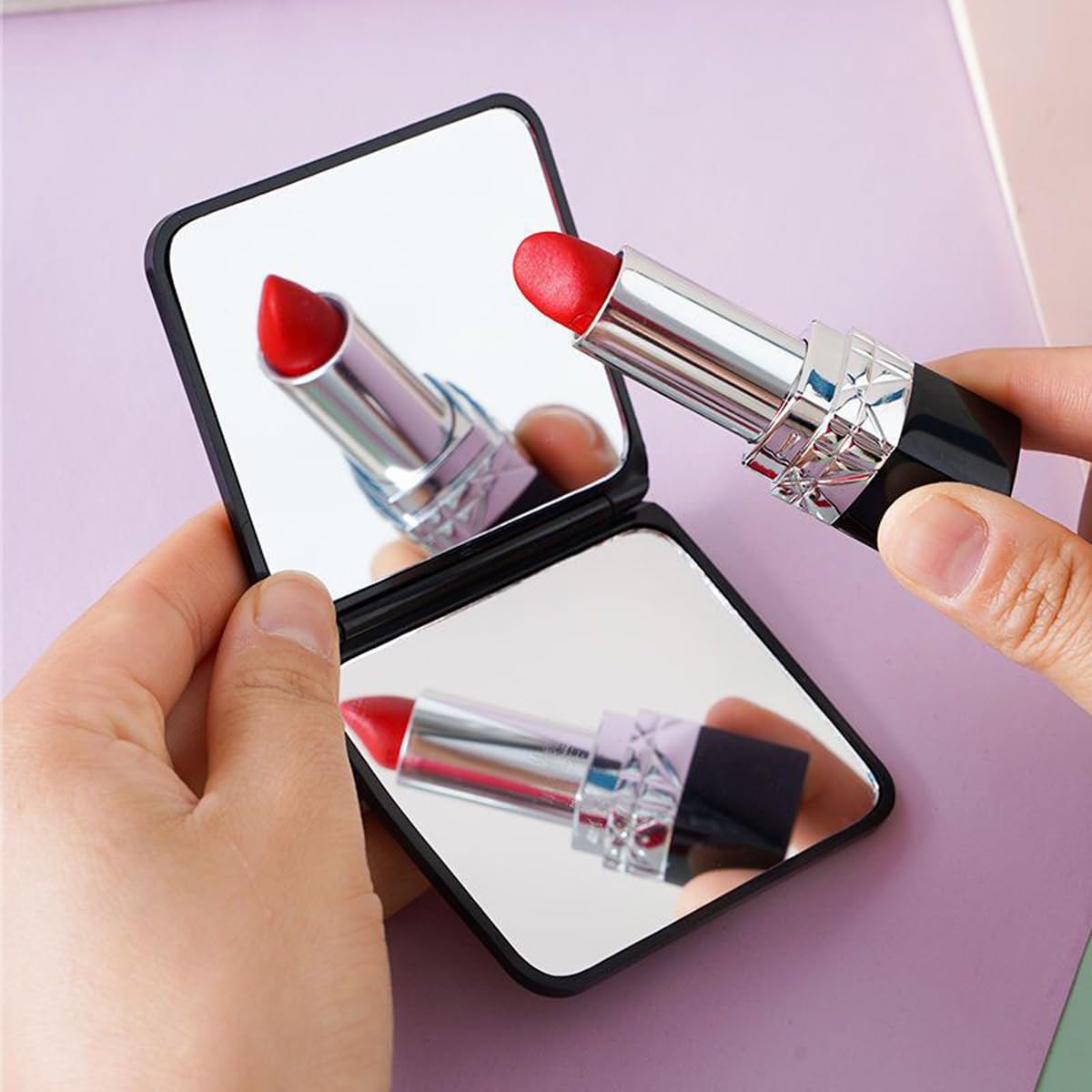 Leeonz Premium Travel Makeup Mirror - Portable 2-Sided Folding Cosmetic Mirror with Magnifier for Women | Handbag & Purse Compact Mirror | Heart Pattern Design | Perfect for Travel, Home & Office Use