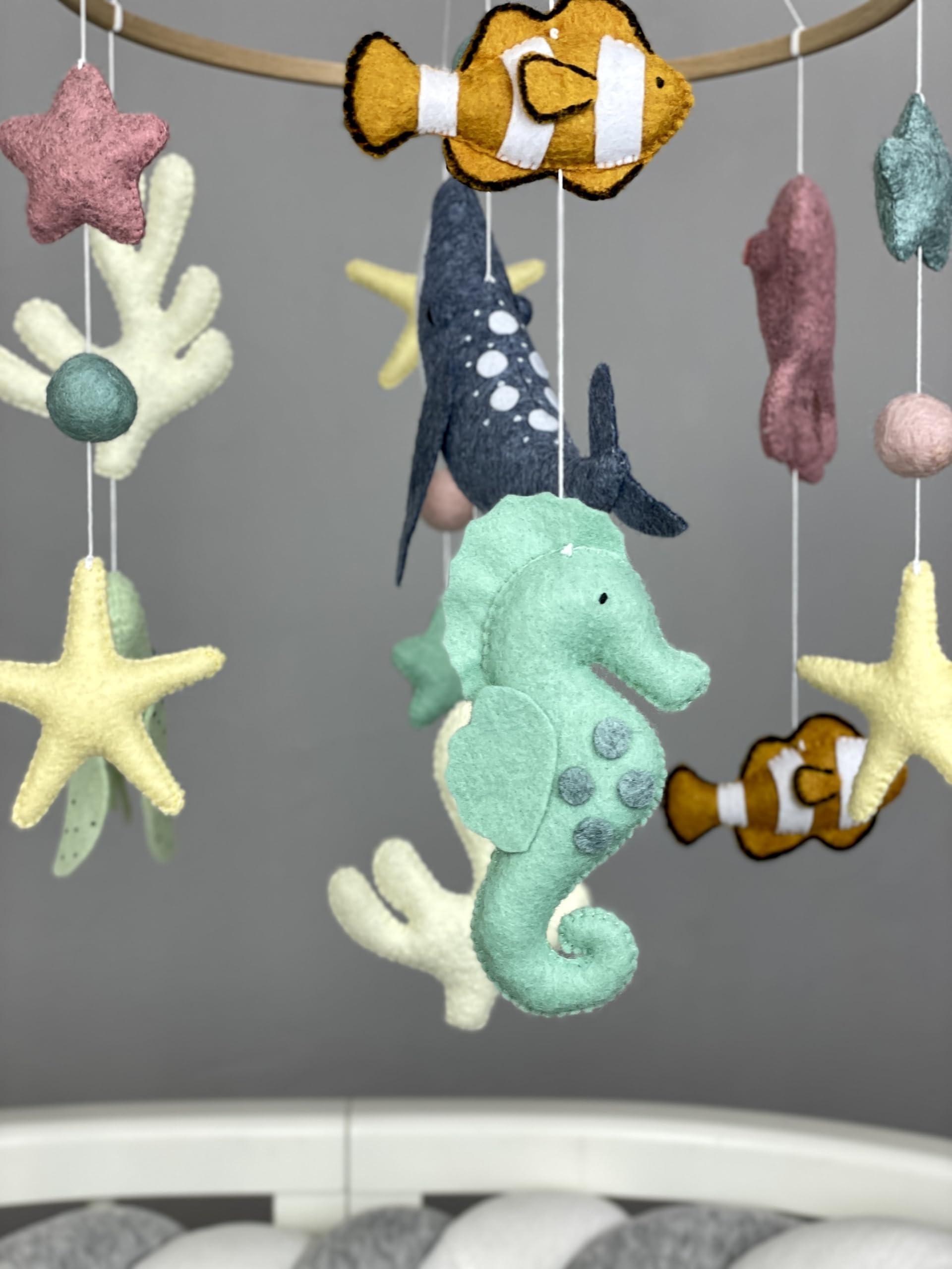 Ocean Themed Baby Crib Mobile - Handmade Felt Sea Animals Nursery Decor | Underwater Adventure Mobile for Newborns | Perfect Neutral Nautical Nursery Decor & Baby Shower Gift (Blue/White) - Ideal for Coastal, Beach or Ocean Inspired Nurseries