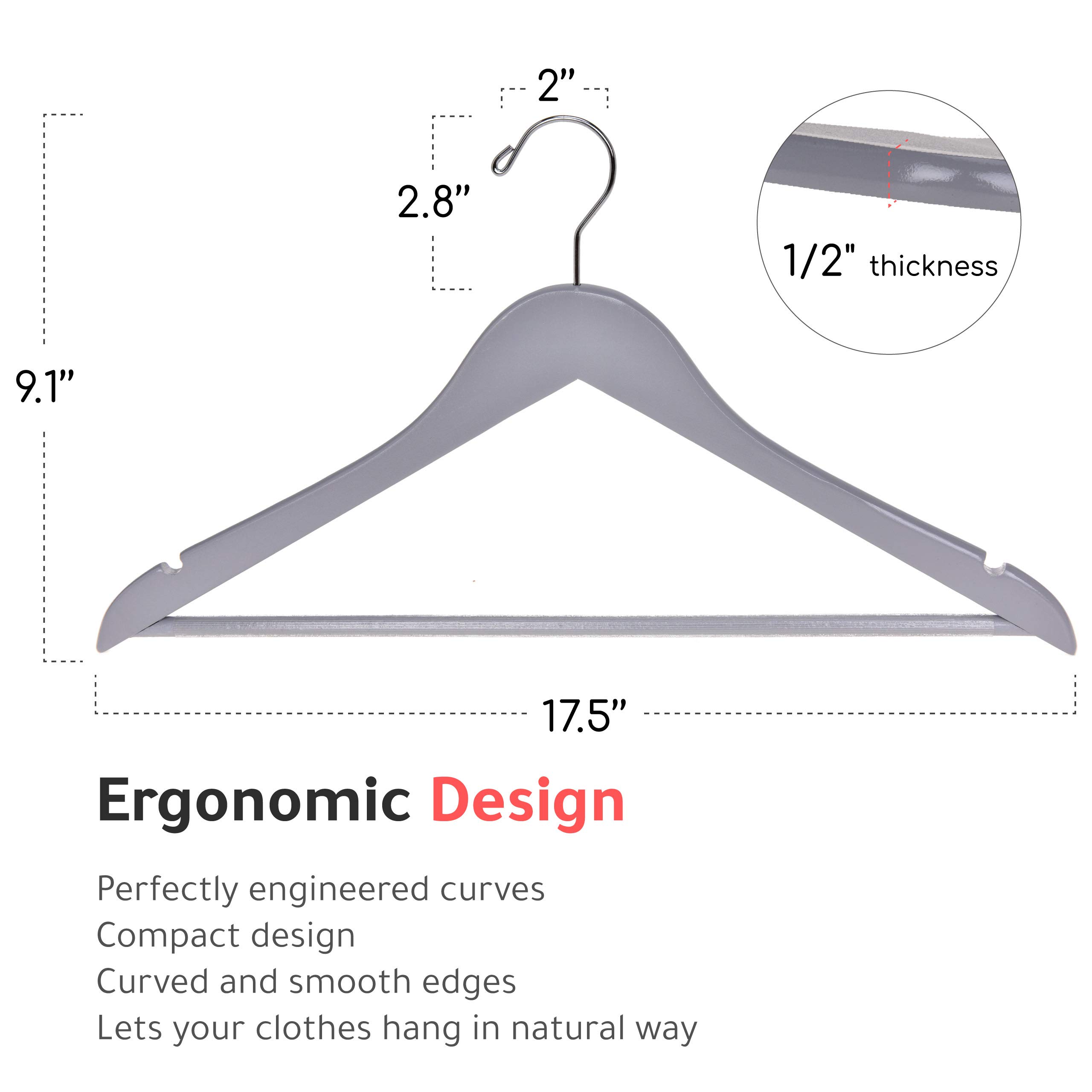 Premium Solid Wooden Hangers Set of 80 - Slightly Curved Heavy Duty Clothes Hangers with Chrome Hooks for Jackets, Shirts, Pants & Suits | Durable Gray Wood Coat Hangers for Closet Organization & Retail Display