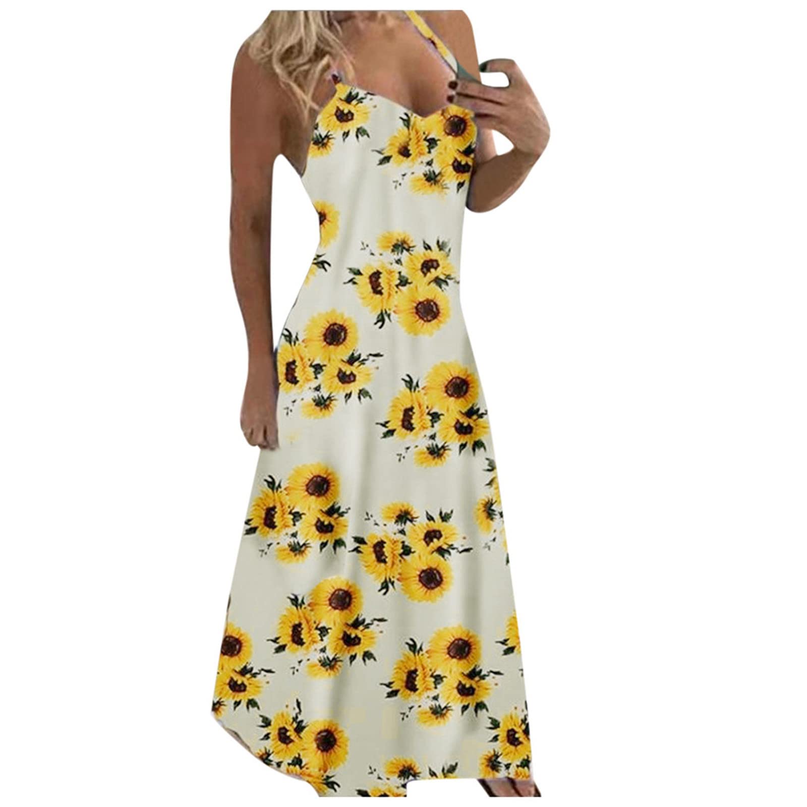 HHmei Women's Sleeveless Loose Printed Summer Dress - Casual Long Maxi Dress with Pockets | Beach Cover Up, Vacation Outfit, Boho Chic Fashion