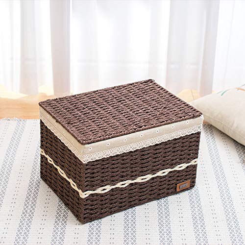 Straw Woven Storage Basket with Lid - Rattan Desktop Organizer for Snacks, Remote Controls - Set of 2 (39x28x26cm) | Perfect for Home, Office & Nursery Organization