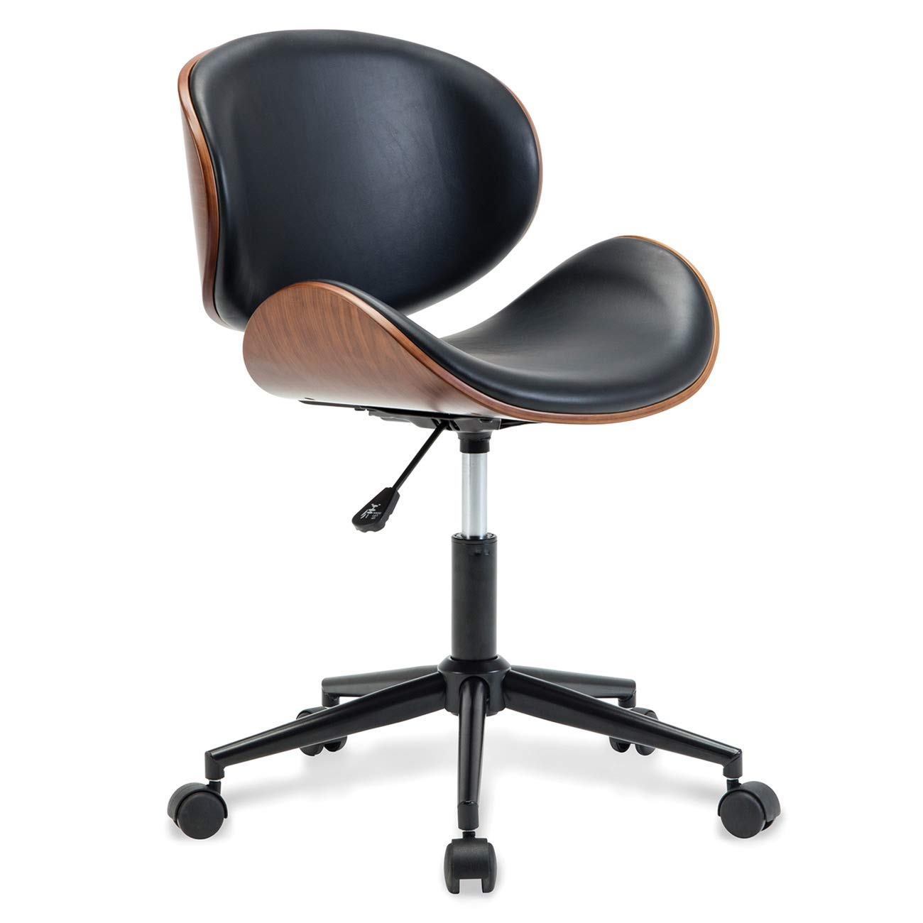 BELLEZE Mid-Century Modern Desk Chair - Adjustable Swivel Office Chair with Faux Leather Upholstery & Walnut Finish, Vintage Wingback Design for Home Office, Study, or Workspace - Avalon (Black)