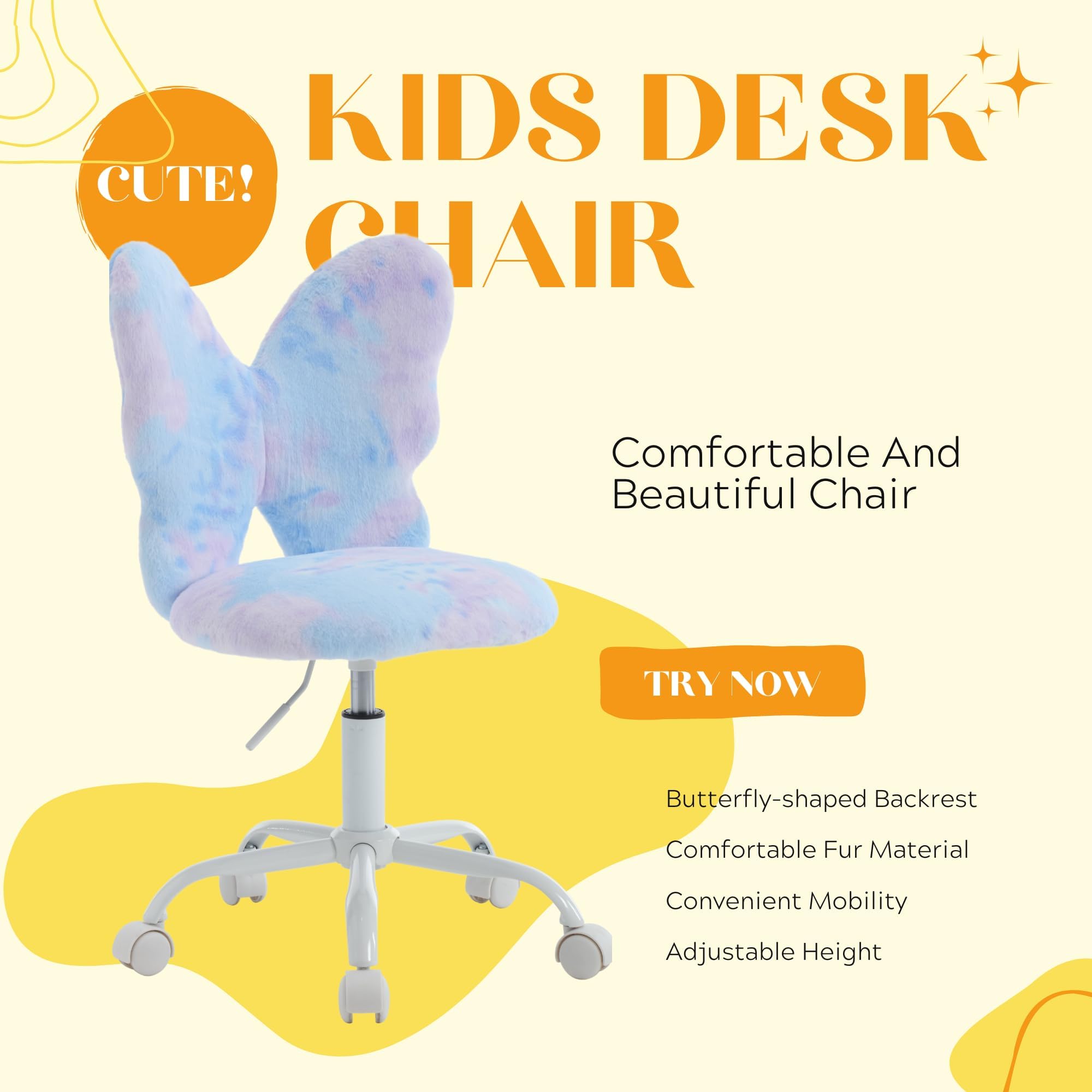 Kmax Adjustable Kids Desk Chair with Wheels - Soft Faux Fur Swivel Office Chair for Children, Cute Butterfly Design, Perfect for Bedroom, Study Room & Reading Nook - Dreamy Blue