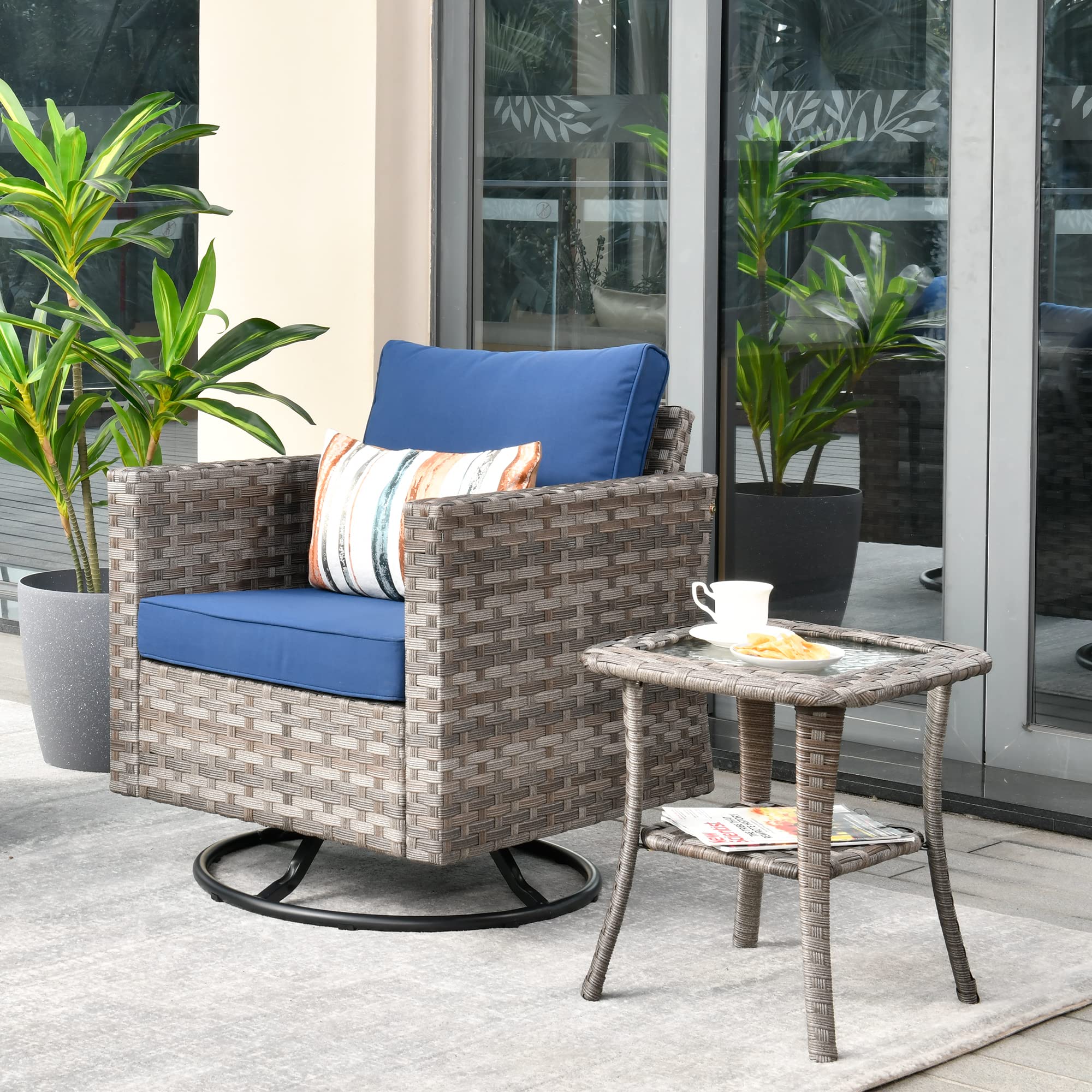 HOOOWOOO Wicker Outdoor Patio Swivel Rocking Chair with Matching Side Table Set - Navy Blue Outdoor Rocker Glider for Garden, Porch, and Backyard Relaxation