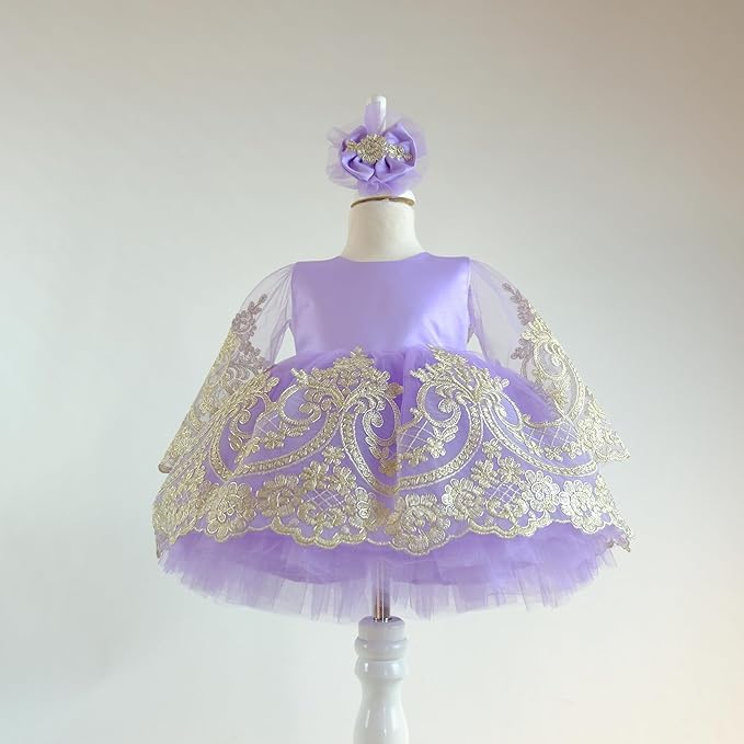 **Lilac Gold Baby Girl Tutu Dress with Bowknot & Lace - Long Sleeve Flower Girl Party Outfit for Infants (6 Months) - Perfect for Christmas, Birthday, Baptism & Special Occasions**