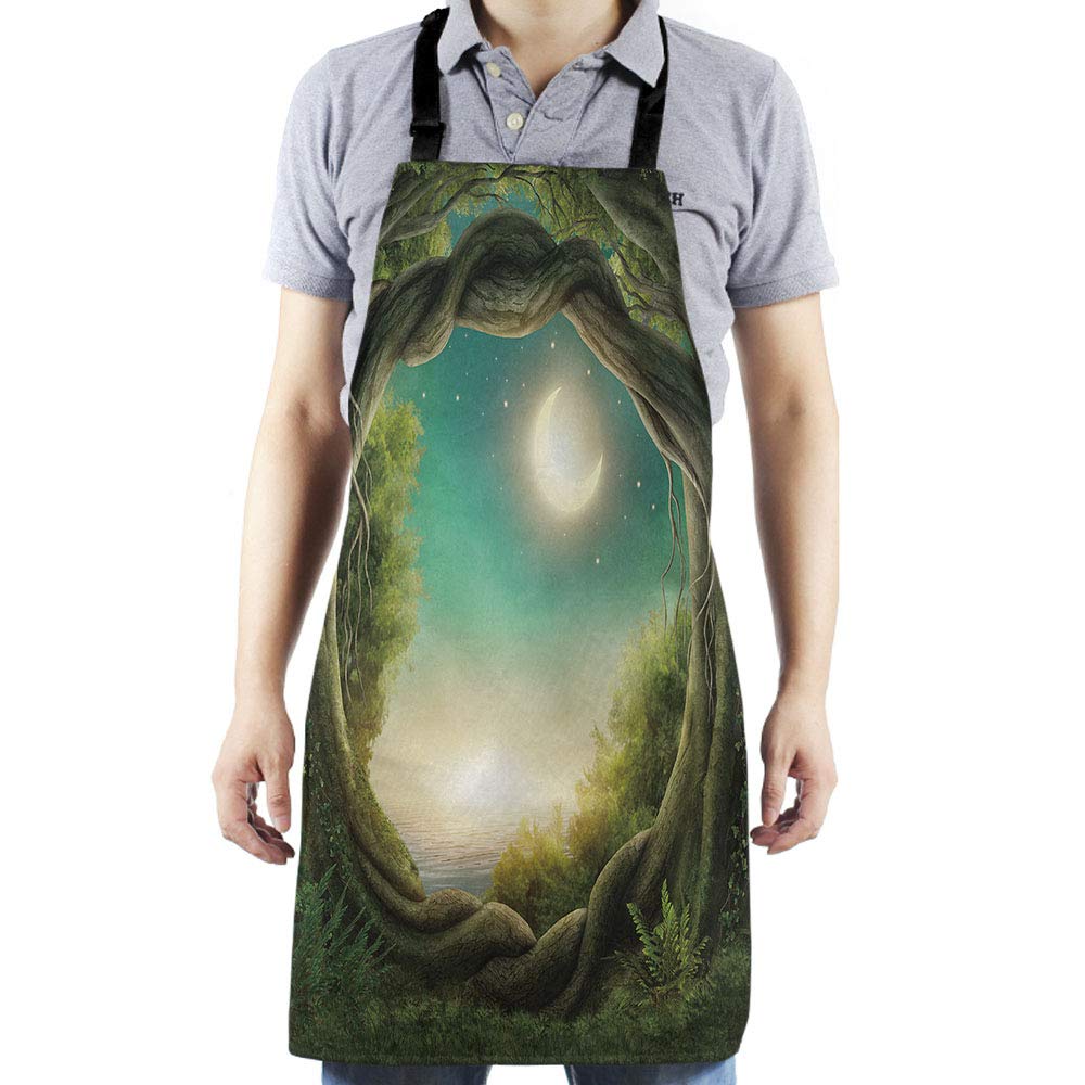 HGOD DESIGNS Holiday Greenery Trees & Moon Kitchen Apron for Women & Men - Adjustable Adult Bib for Cooking, Baking, Gardening & Holiday Decorating