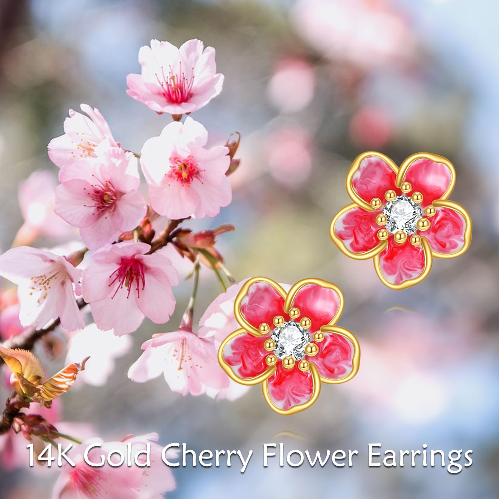 14K Rose & Cherry Flower Stud Earrings - Yellow Gold Floral Jewelry for Women & Girls | Perfect Gift for Birthdays, Anniversaries & Special Occasions