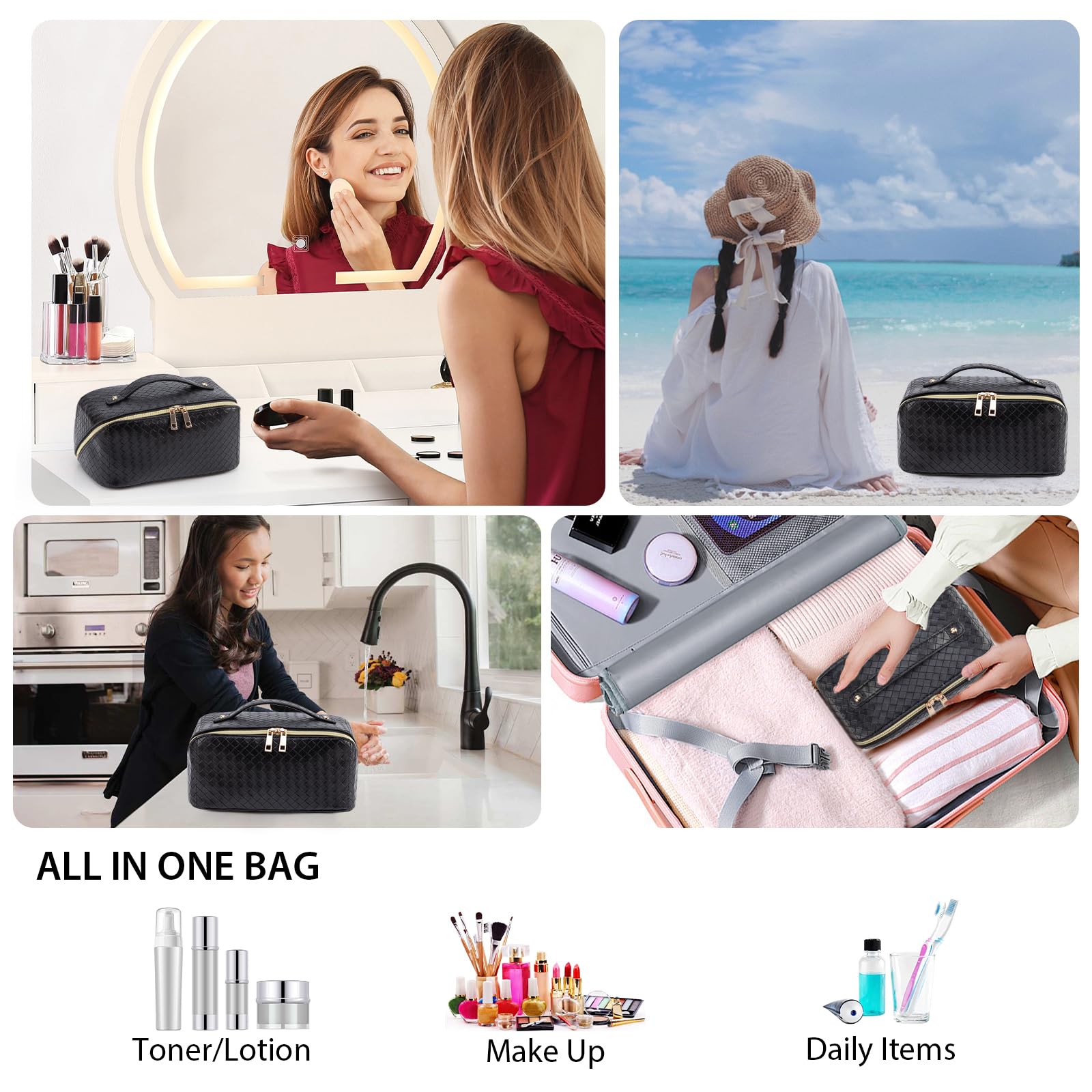 Large Capacity Waterproof Travel Makeup Bag for Women - Portable Cosmetic Organizer with Multiple Compartments, Foldable Flat Lay Design for Easy Access - Perfect for Toiletries, Beauty Essentials & On-the-Go Makeup (Black) - Ideal for Travel, Gym, Vacation & Daily Use
