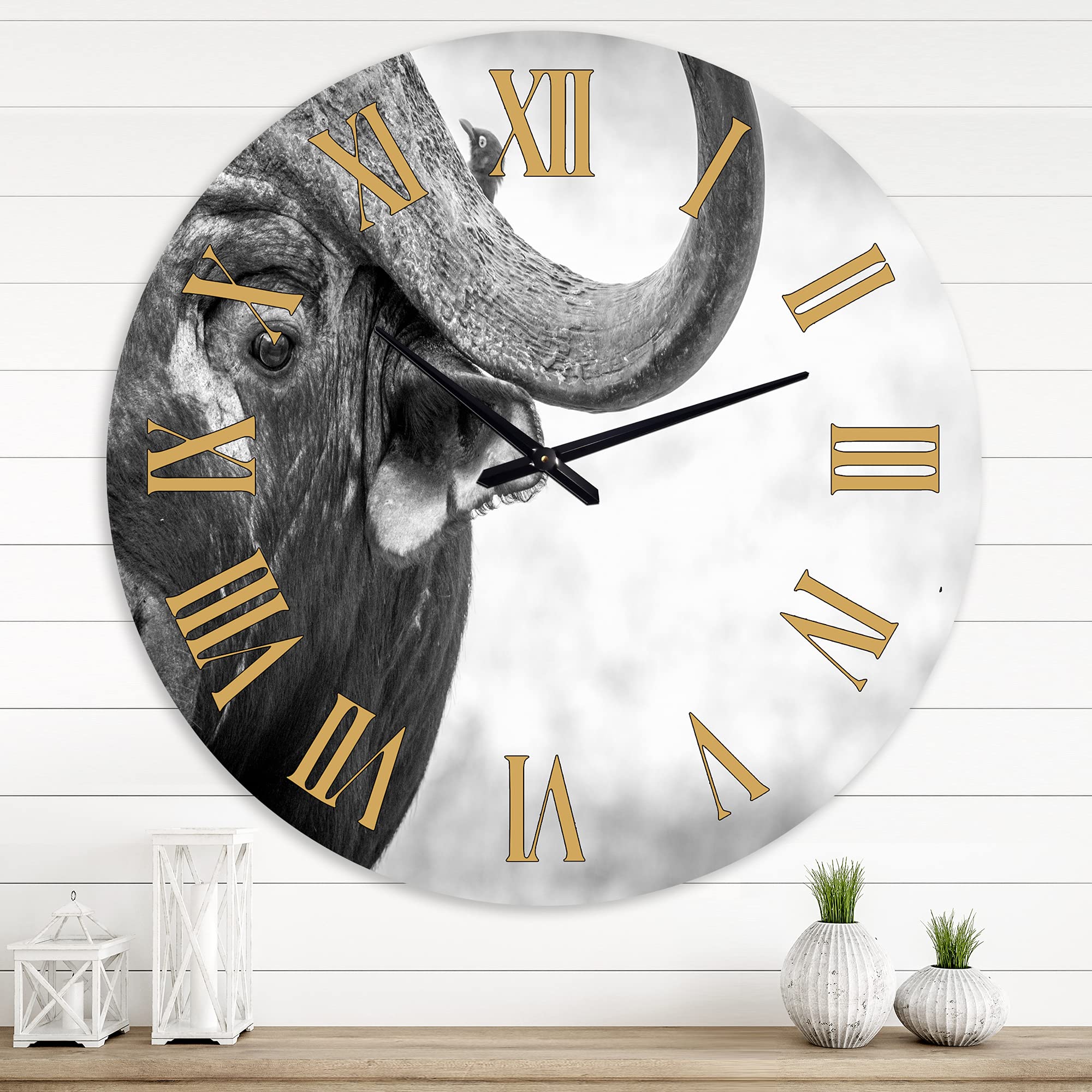 Farmhouse Wall Clock - Monochrome Buffalo Portrait III, Large Rustic Animal Wall Decor for Living Room, Kitchen, Bedroom | Perfect for Home, Office & Cabin Decor