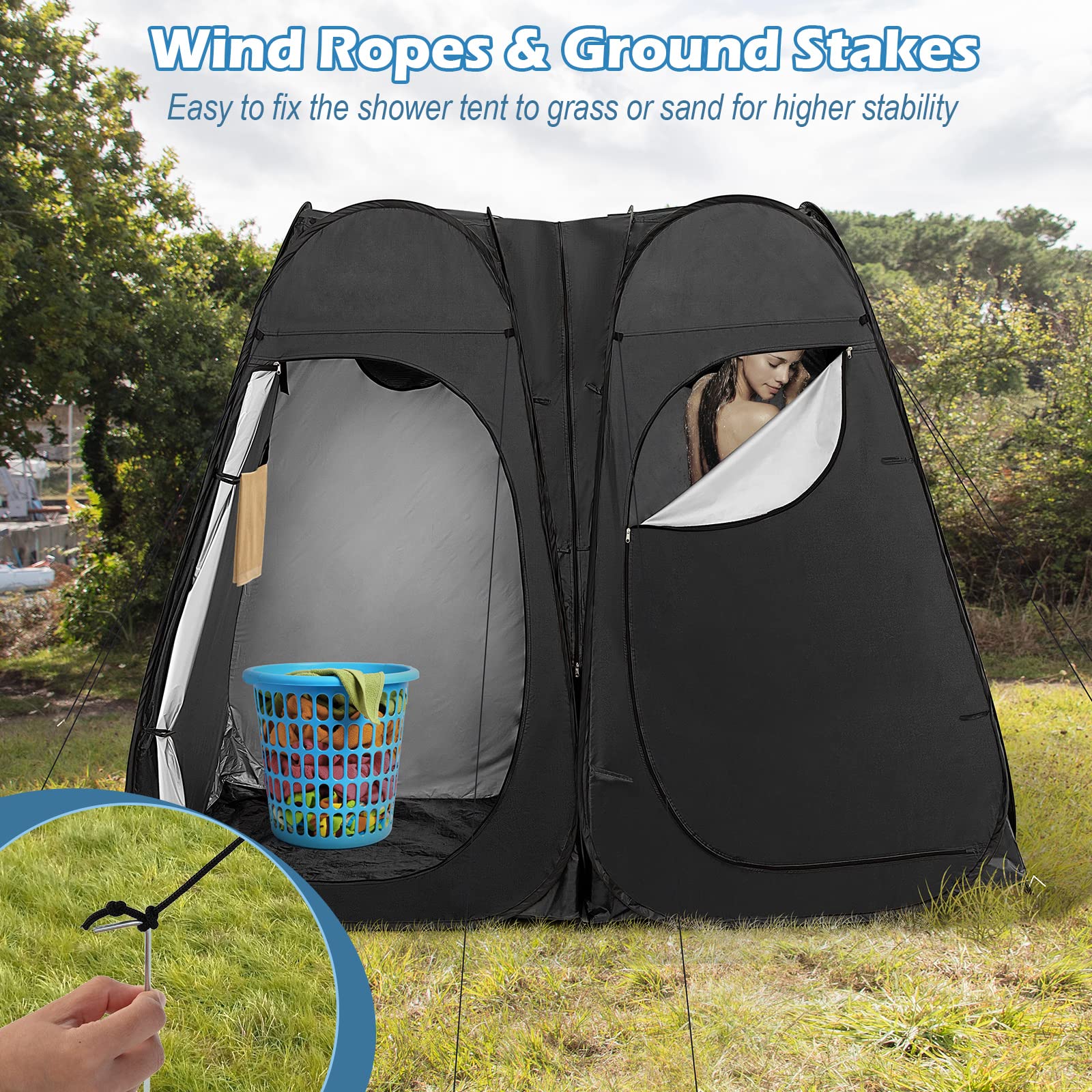 Goplus 7.5FT Pop Up Shower Tent - Portable 2 Room Privacy Changing Tent with Window, Hanging Clothesline & Carry Bag for Camping, Beach, Outdoor Shower, Festival and Travel - Includes Ground Stakes & Wind Ropes
