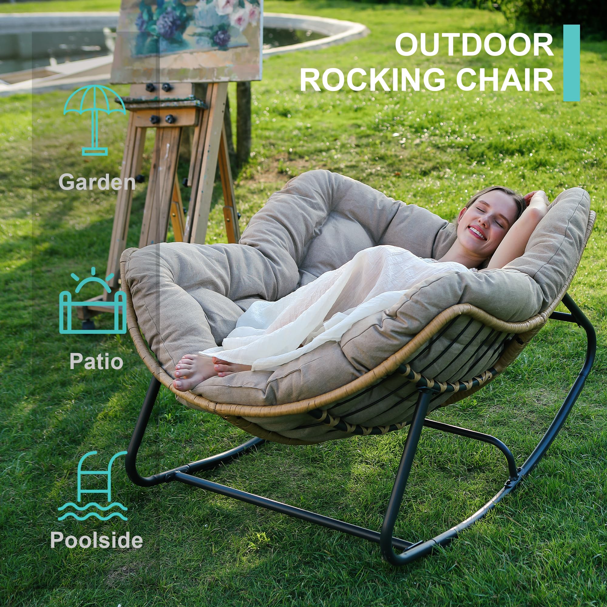 SWITTE Outdoor Rocking Chair - Egg-Shaped Patio Chair with Rattan Wicker Design, Modern Papasan Lounge Chair for Indoor & Outdoor Use - Perfect for Bedroom, Living Room, Porch, Garden and Lawn Relaxation (Beige)