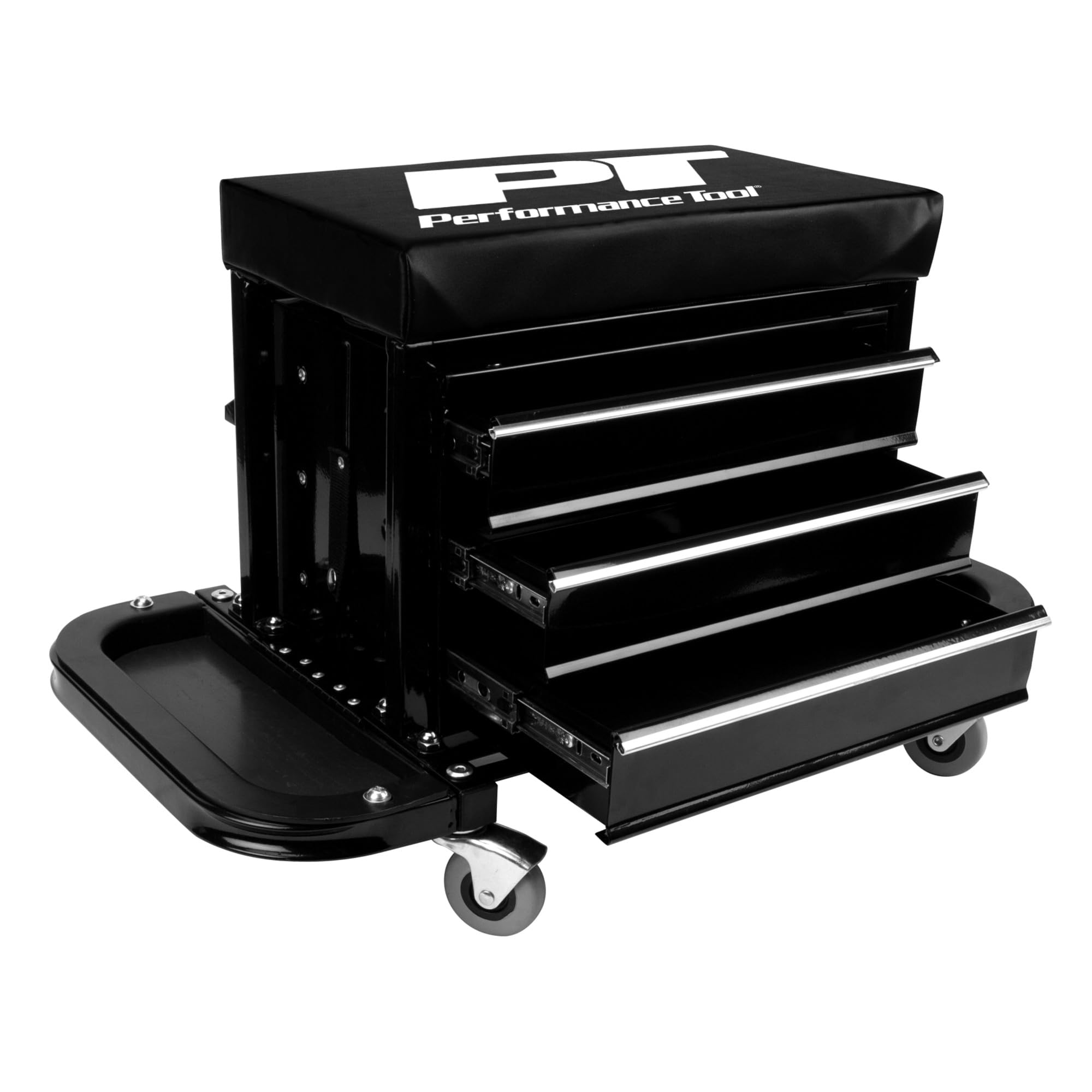 Performance Tool W85025 3-Drawer Rolling Tool Chest Seat with Magnetic Side Trays - Heavy Duty Black Tool Storage for Garage, Workshop & Auto Repair | Mobile Workbench with Organizer & Seat