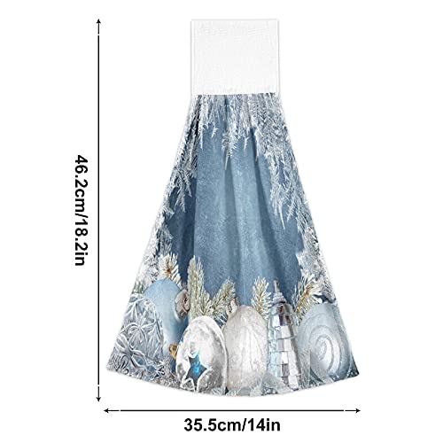 Silver Christmas Snowflake Kitchen Hand Towels - 2 Pack Super Absorbent Winter Blue Hanging Oven Towels with Loop | Dishcloth, Tea Towel & Bar Mop for Bathroom, Tabletop & Holiday Decor