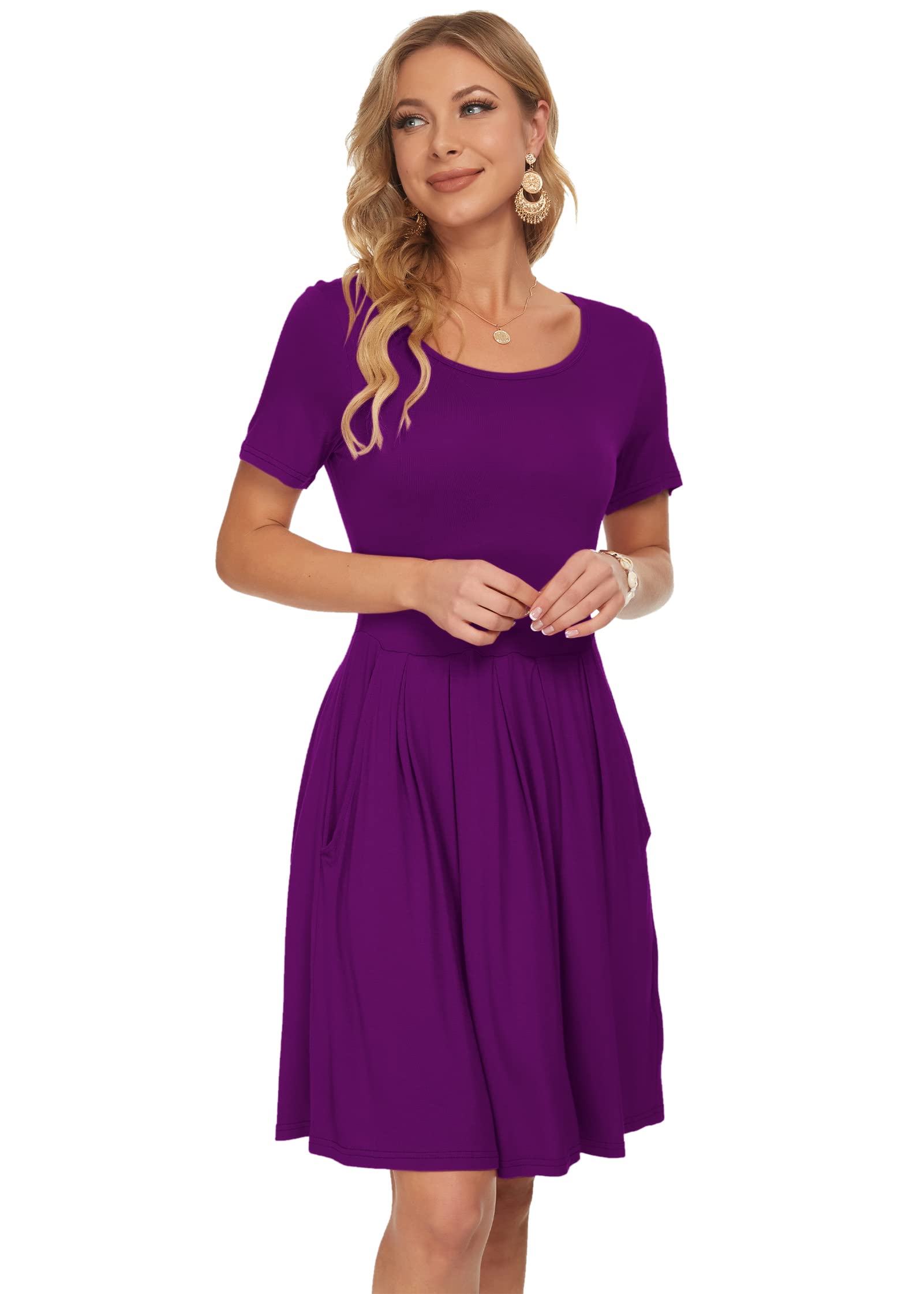 AUSELILY Women's Summer Short Sleeve Pleated Swing Dress - Knee Length Loose Fit with Pockets | Casual Beach Wear, Vacation Outfit & Daily Comfort Dress (2025 New Collection)