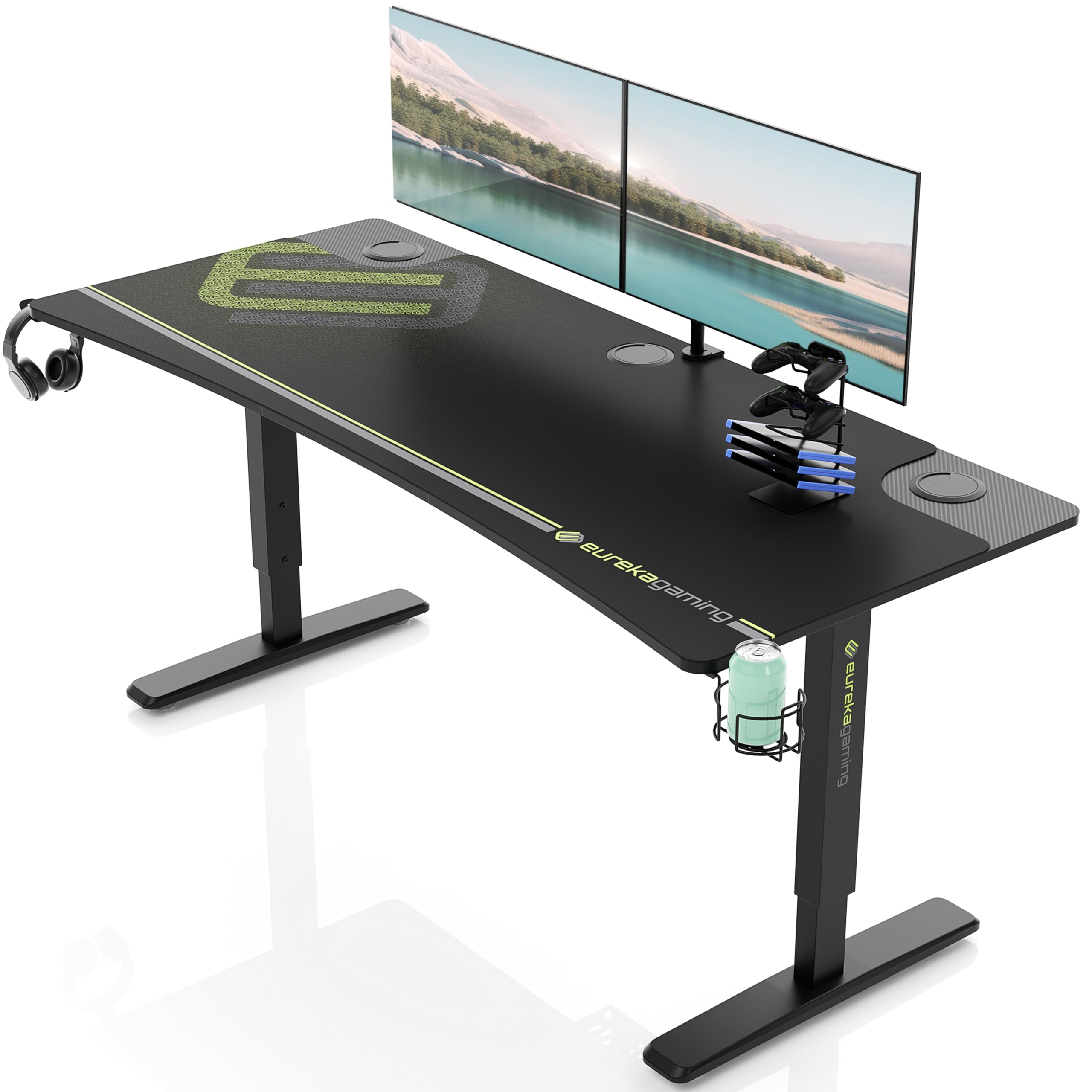 EUREKA ERGONOMIC 63 Inch Large Adjustable Height Computer Desk - Ergonomic Gaming Desk for Home Office with Dual Monitor Stand, Curved Edge, Mouse Pad & Accessory Holders | Perfect for Work, Gaming & Studio Setup