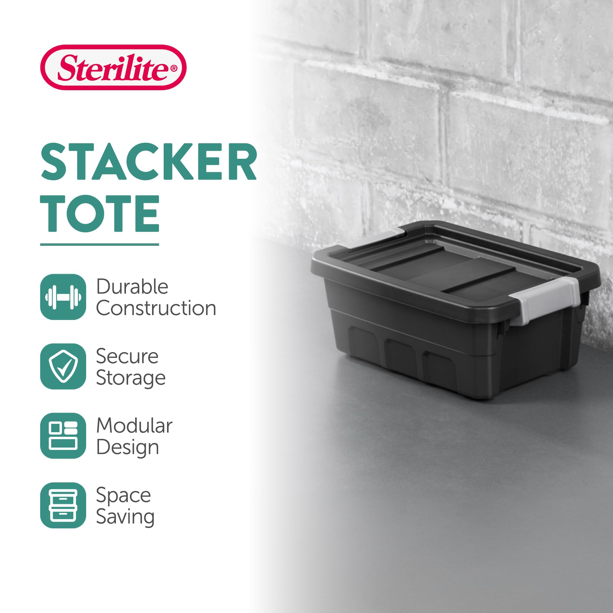 Sterilite 12-Pack 4 Gallon Black Plastic Storage Bins with Lids - Stackable Organizing Containers for Home, Office, Garage & Closet Organization