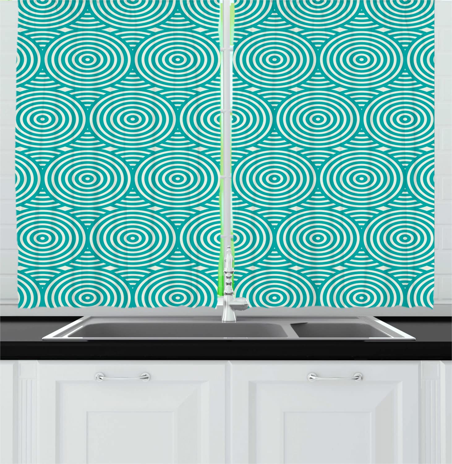 Ambesonne Abstract Long Kitchen Curtains - Spiral Circles with Oval & Round Stripes Art Print - 55x45 Inch Teal & White Rod Pocket Drapes - Modern Window Treatment for Dining Room, Living Room & Bedroom Decor