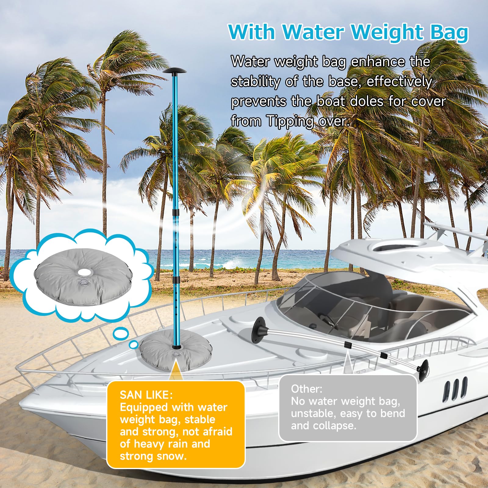Adjustable Boat Cover Support Poles System - 2PC Blue Pontoon Cover Support with 8 Straps & 2 Water Bags for Jon Boat, V Hull, Pontoon | Rain & Snow Protection, Outdoor Storage, Marine Use