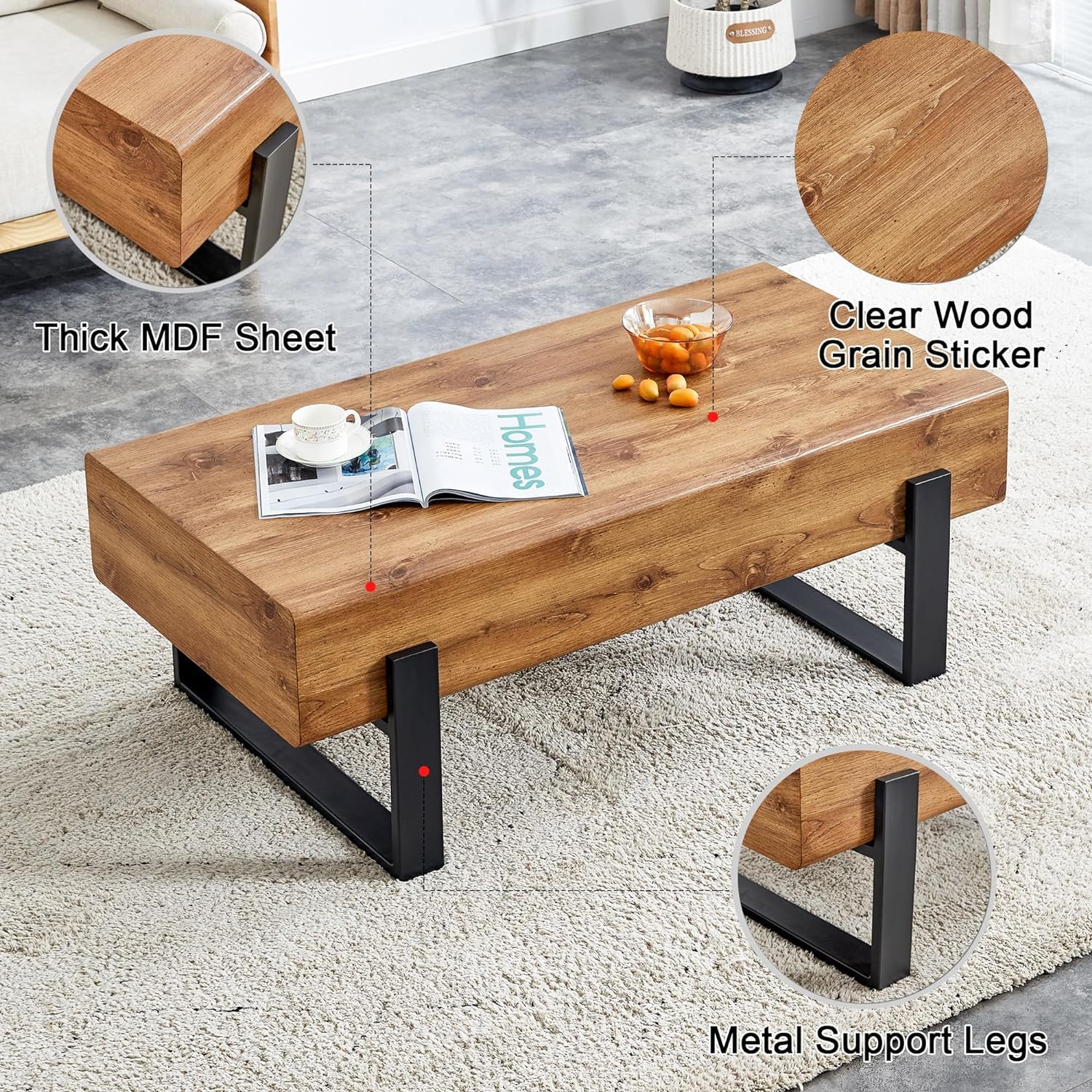 Rustic Rectangle Coffee Table - Modern Farmhouse Wooden Coffee Table with Sturdy Metal Legs, Living Room Center Table for Home Decor | Perfect for Farmhouse, Industrial & Contemporary Style Living Spaces