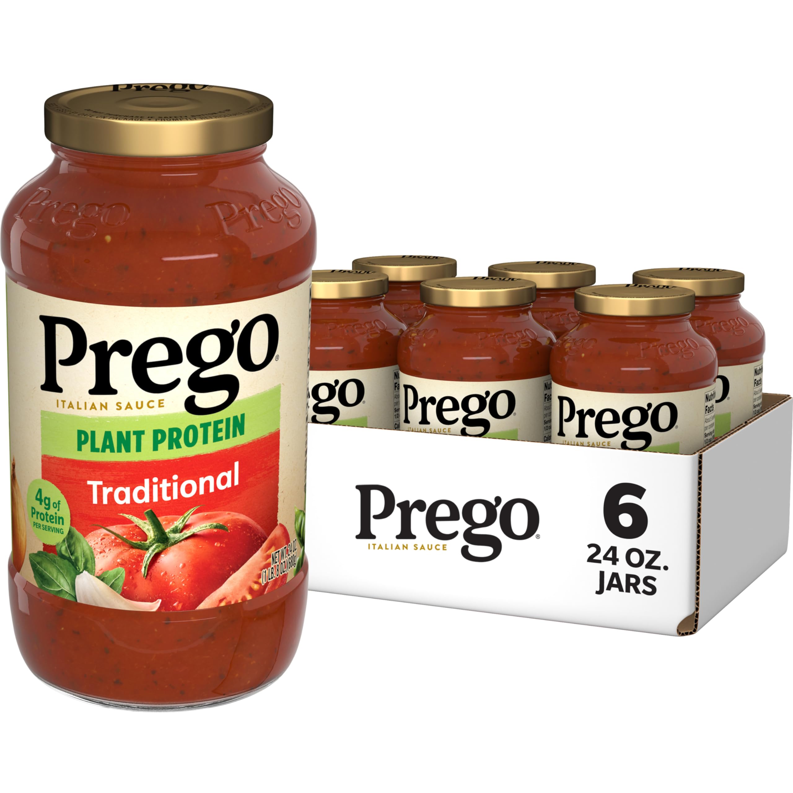 Prego Plant Protein Traditional Pasta Sauce - Vegan, Gluten-Free, 24 Oz Jar (Pack of 6) | High-Protein Meatless Pasta Topping for Italian Dishes, Lasagna & Healthy Family Meals