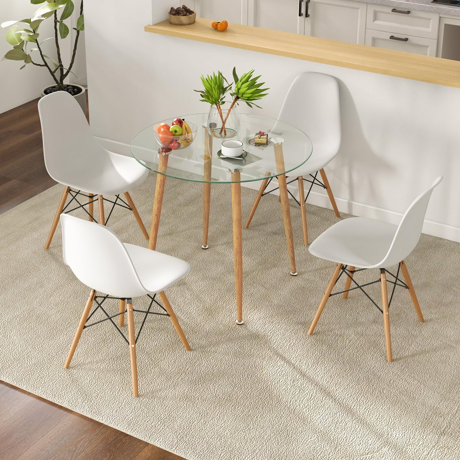 Tangkula 5-Piece Round Dining Table Set for 4 with Tempered Glass Top & Solid Wood Legs - Kitchen & Breakfast Nook Furniture Set for Small Spaces - Perfect for Apartments, Condos and Cozy Homes