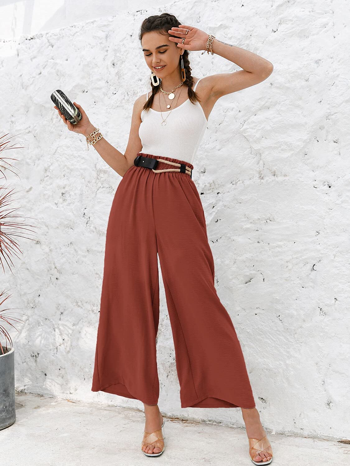 Boho High Waisted Palazzo Pants for Women - Summer Beach Wide Leg Flowy Lounge Pants | Perfect for Vacation, Yoga & Casual Outfits