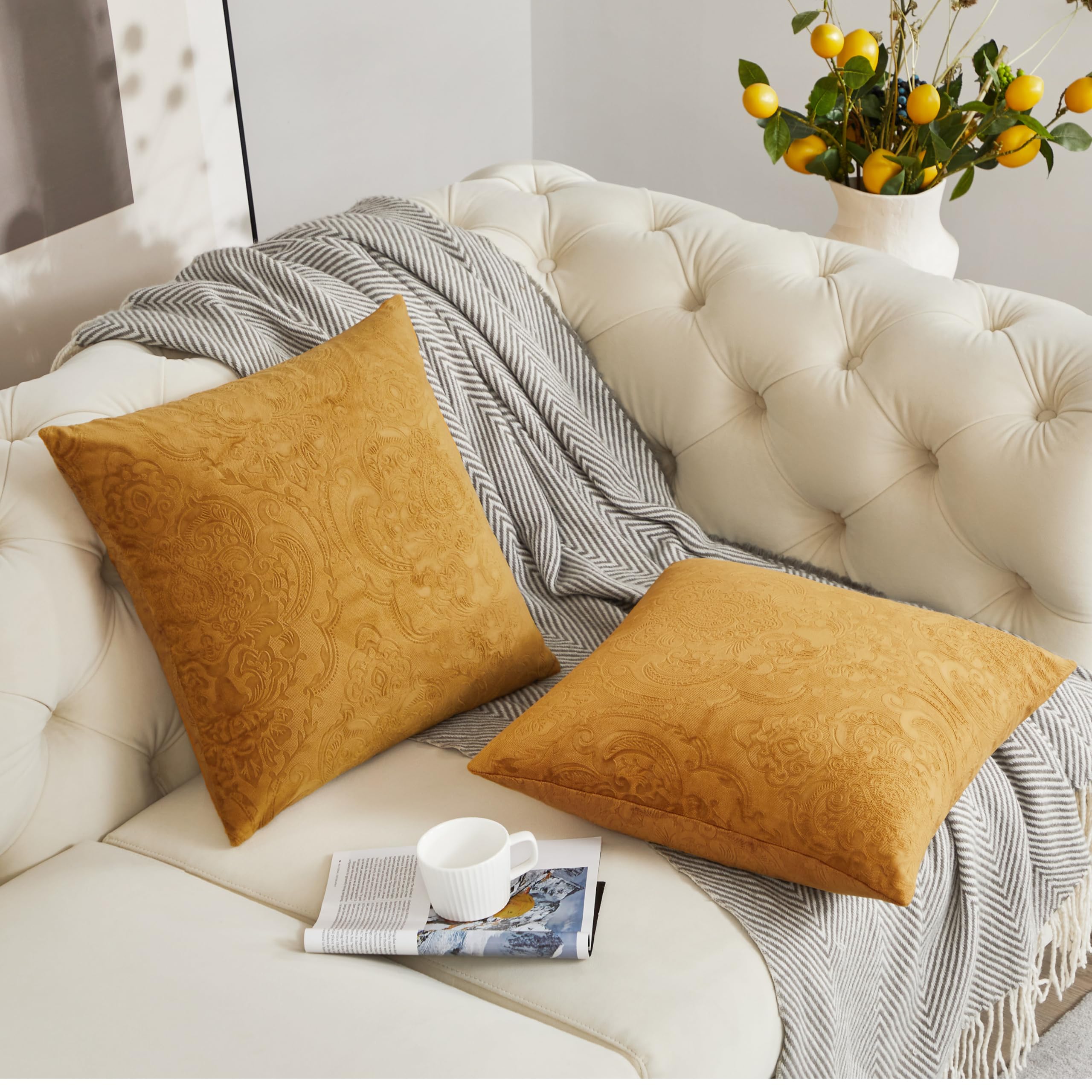 GIGIZAZA 16x16 Velvet Throw Pillow Covers Set of 2 - Brown Gold Luxury Decorative Flower Embossed Cushion Covers for Sofa, Couch & Bed - Perfect for Living Room, Bedroom & Home Decor