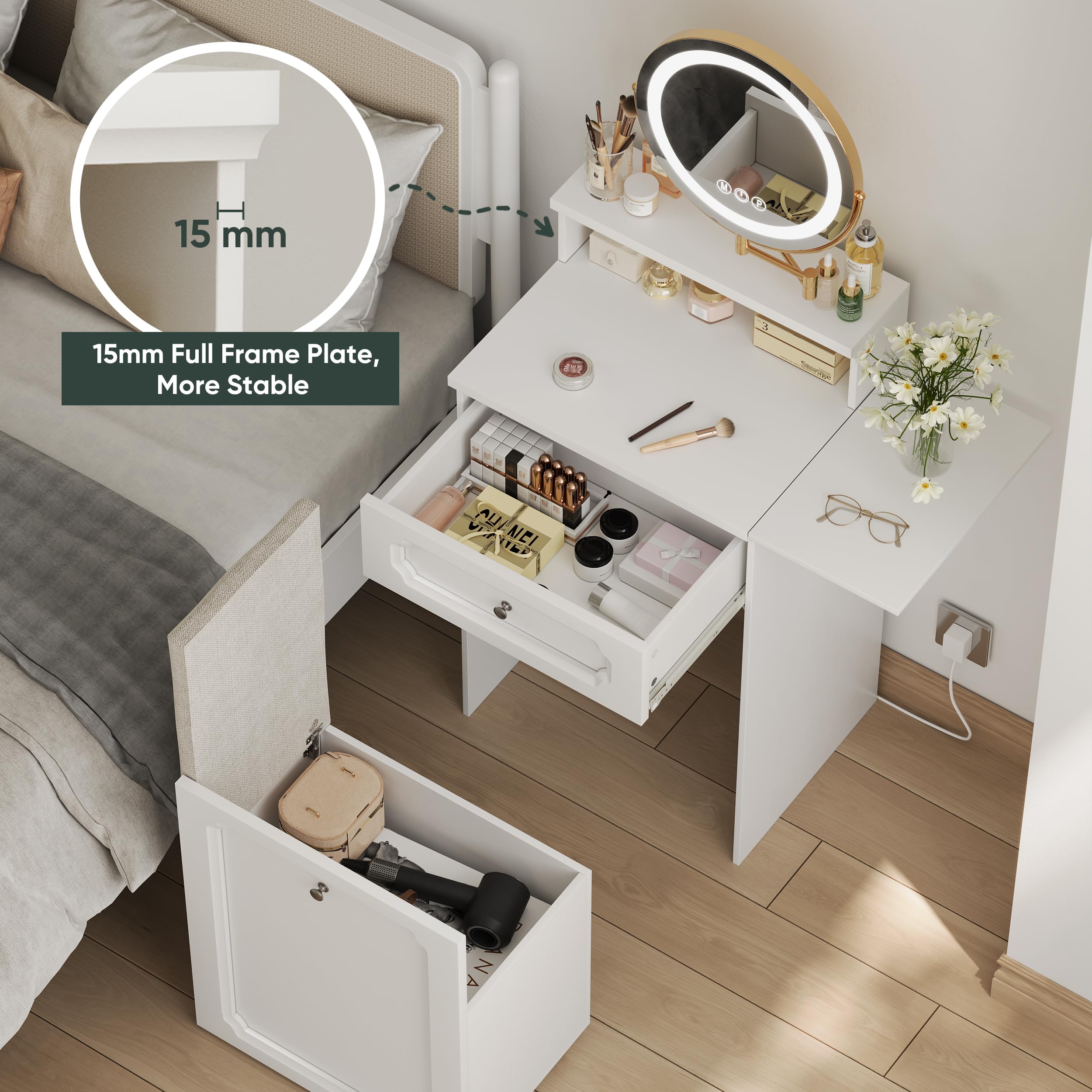 3 in 1 Small Vanity Makeup Desk with Rotatable Mirror & LED Lights - White Compact Makeup Table with Adjustable Lighting & Stool - Space Saving Corner Vanity with Foldable Panel for Bedroom, Dorm or Small Apartment