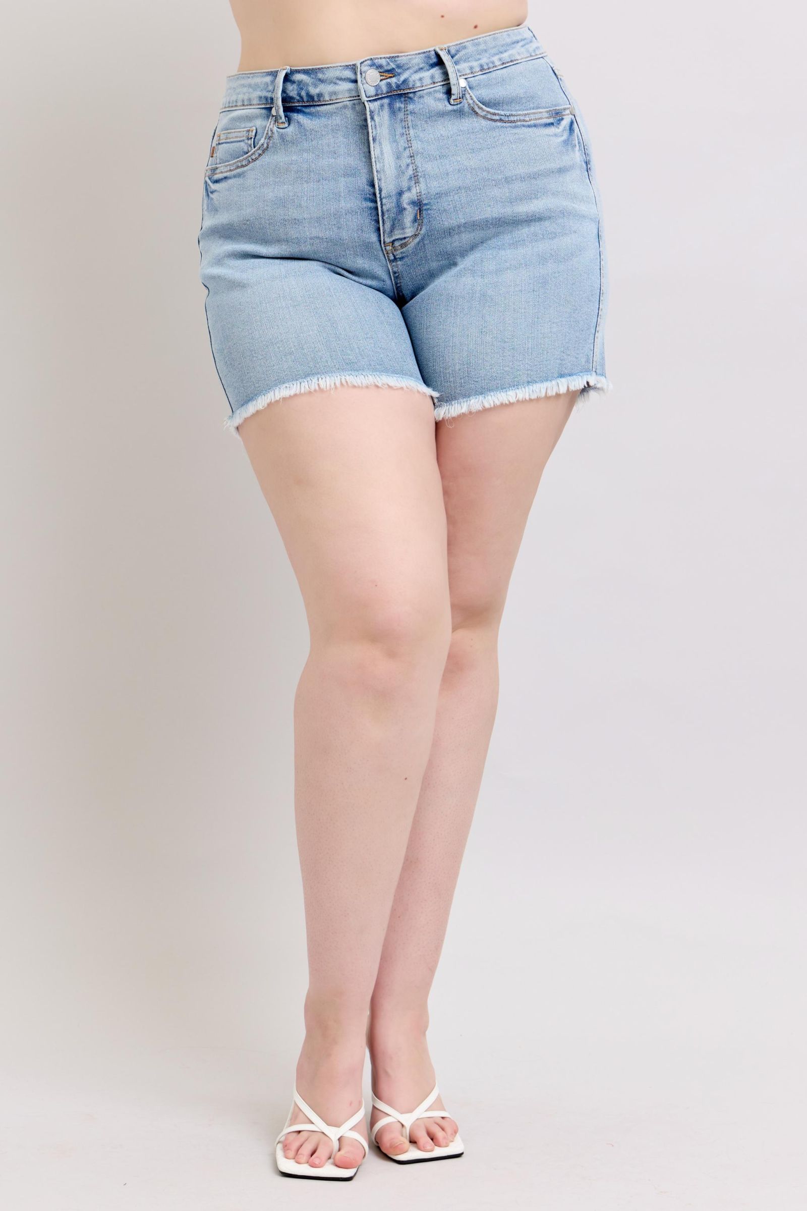 Judy Blue Plus Size Tummy Control Raw Hem Denim Shorts for Women - High Waisted Stretch Jeans Shorts for Summer, Casual Wear & Beach Outfits
