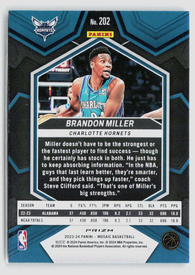 2023-24 Panini Mosaic Brandon Miller Genesis Rookie Card #202 - NBA Collectible for Fans & Investors | Perfect for Trading, Displaying & Sports Memorabilia Collections