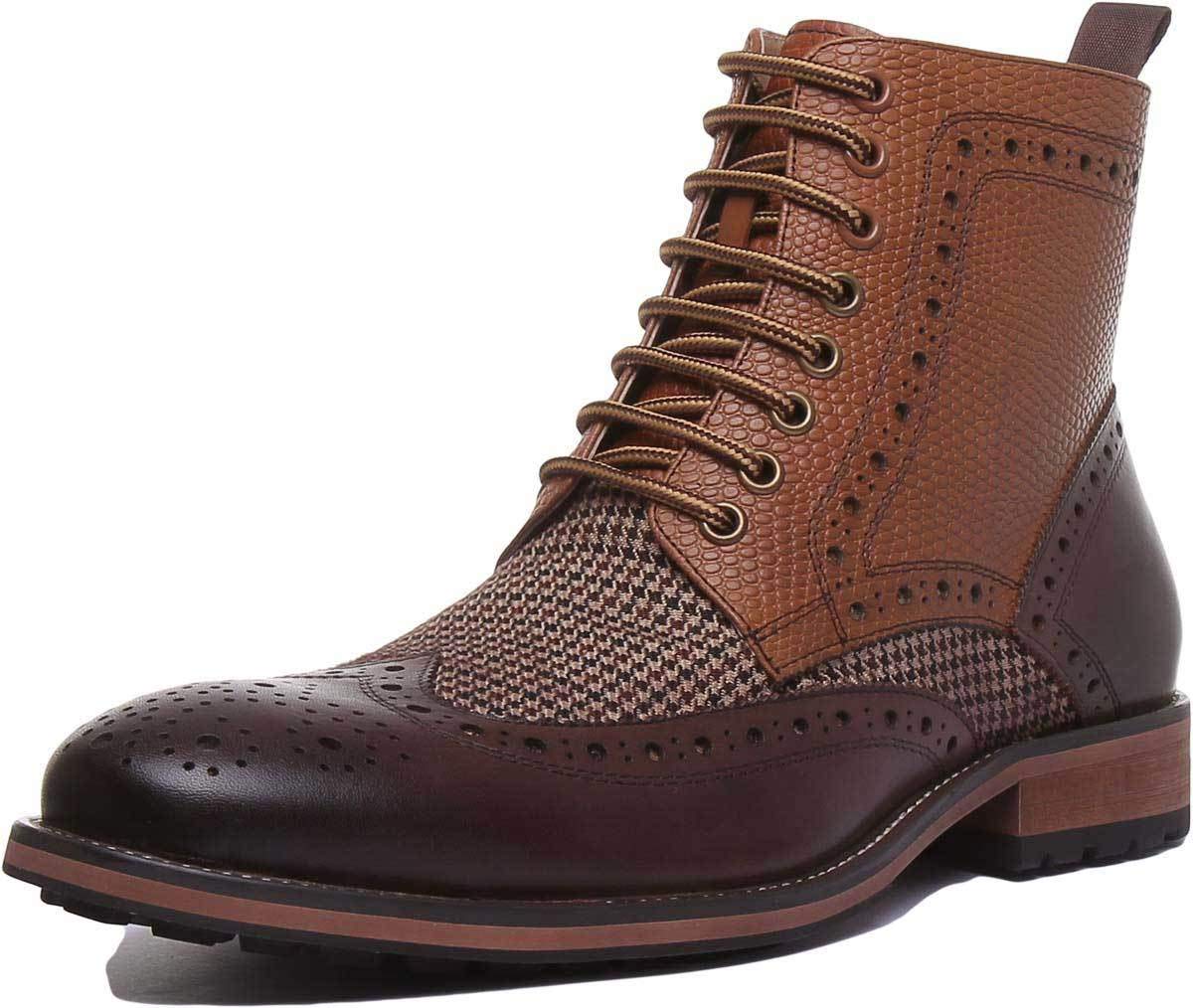 JUSTINREESS ENGLAND Brooke Men's Two-Tone Leather Brogue Ankle Boots - Stylish & Versatile Dress Shoes for Work, Casual & Formal Occasions