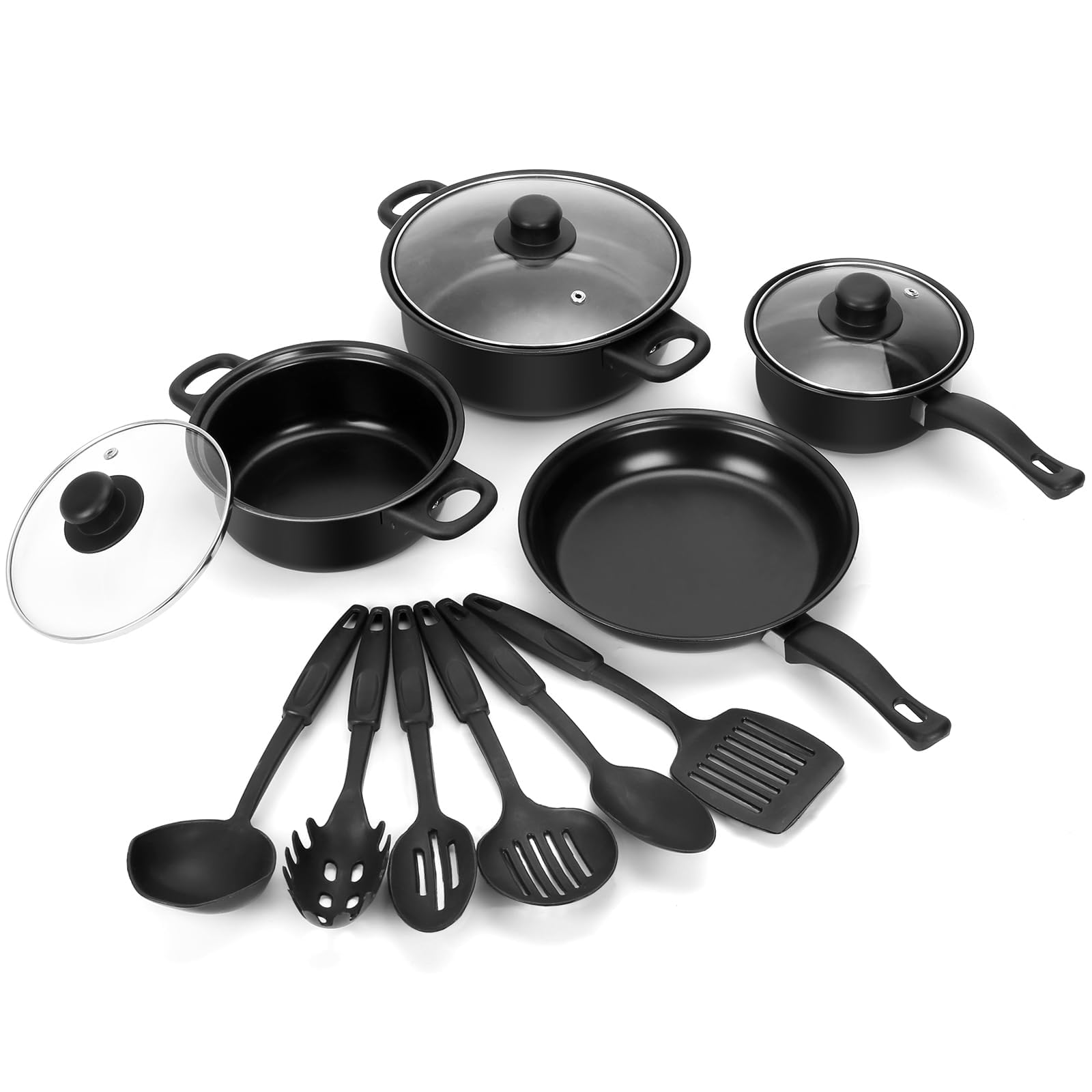Non-Stick 13-Piece Cookware Set - Lightweight Cast Iron Pots & Pans with Glass Lids & Nylon Utensils for Camping, Picnic, Travel & Outdoor Cooking | Black Durable Kitchen Essentials