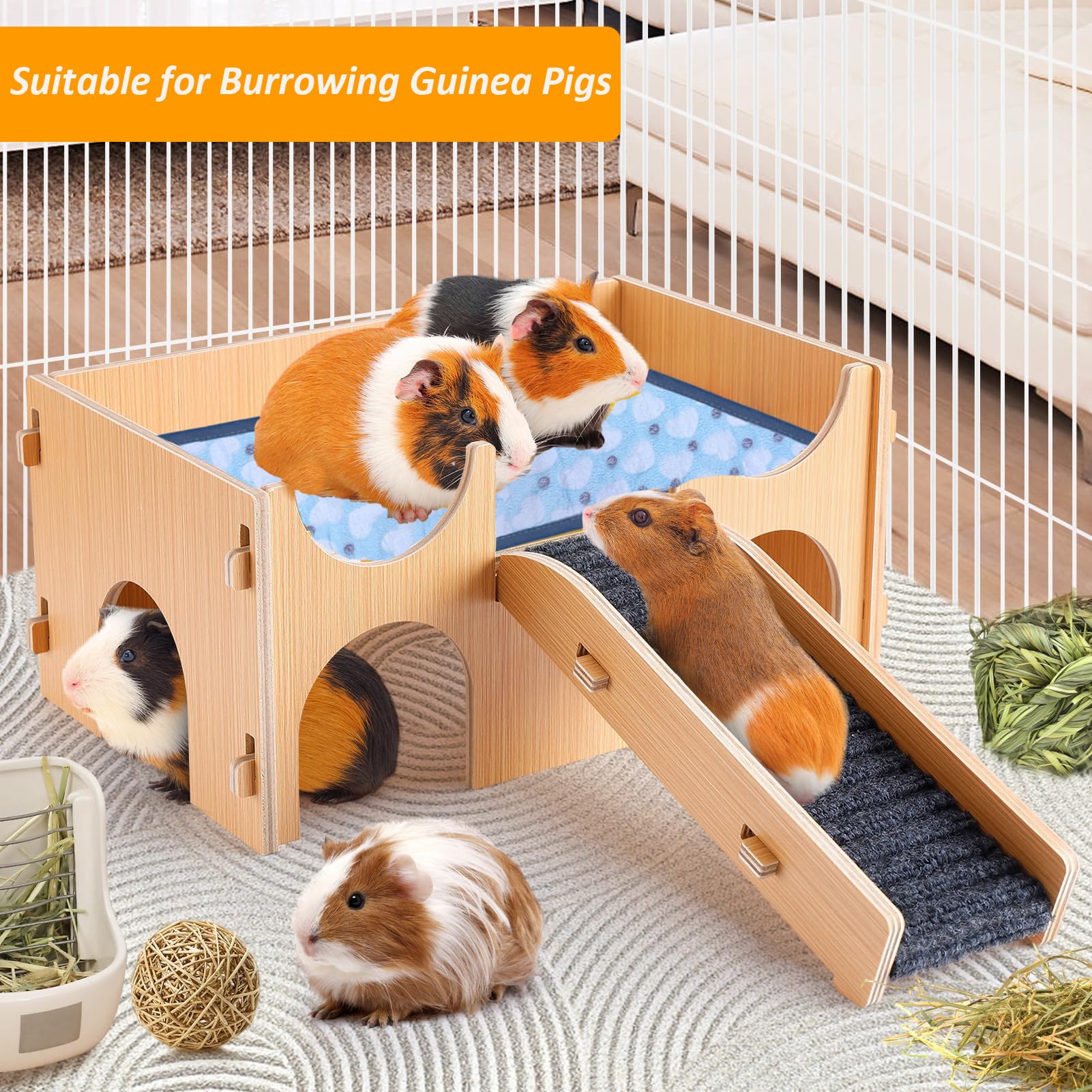 Wooden Guinea Pig Hideout Castle with Stairs - Cozy Small Animal Bed for Hamsters, Chinchillas, Ferrets & Rabbits - Perfect for Cage Habitats & Play Areas
