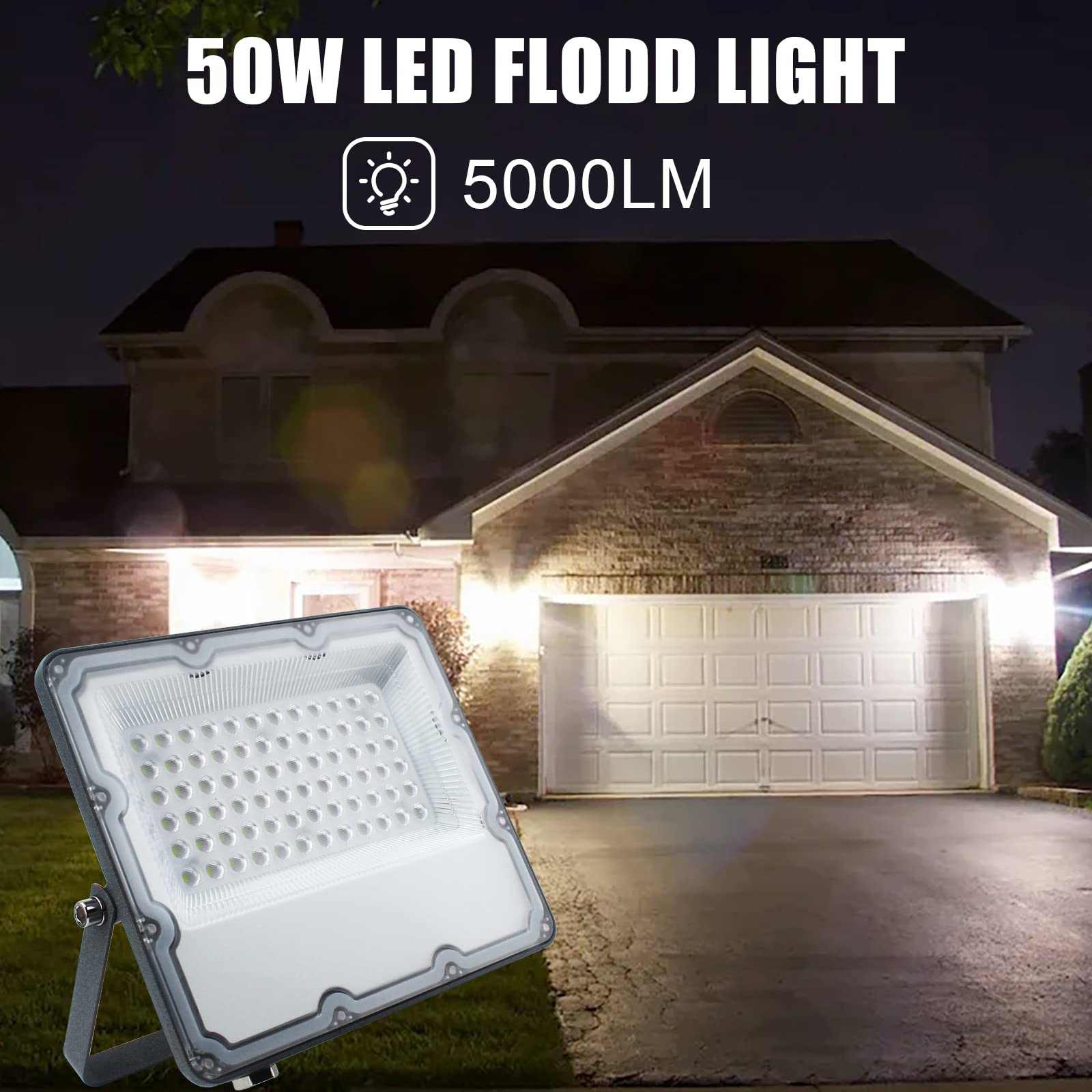 50W LED Flood Light Plug-in, 6500K White Security Light with 5000LM Brightness, IP66 Waterproof Outdoor & Indoor Wall Fixture - Perfect for Ball Grounds, Parking Lots, Pathways, Yards, and Chicken Coops - Ideal for Home Security, Landscape Lighting, and Agricultural Use