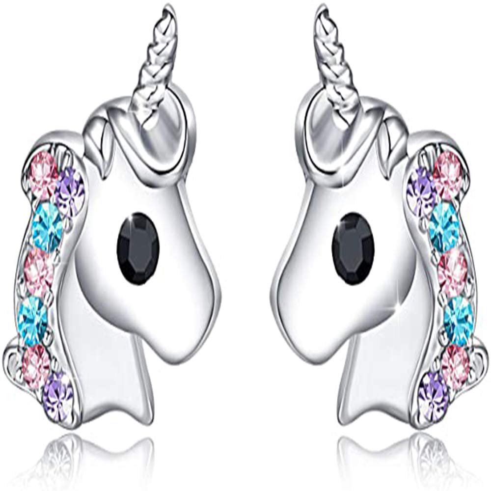 VIEEL Sterling Silver Unicorn Stud Earrings for Girls & Women - Hypoallergenic Cubic Zirconia CZ Earrings - Cute Birthday Gift for Kids, Teens, Daughters - Perfect for Parties, School, Everyday Wear