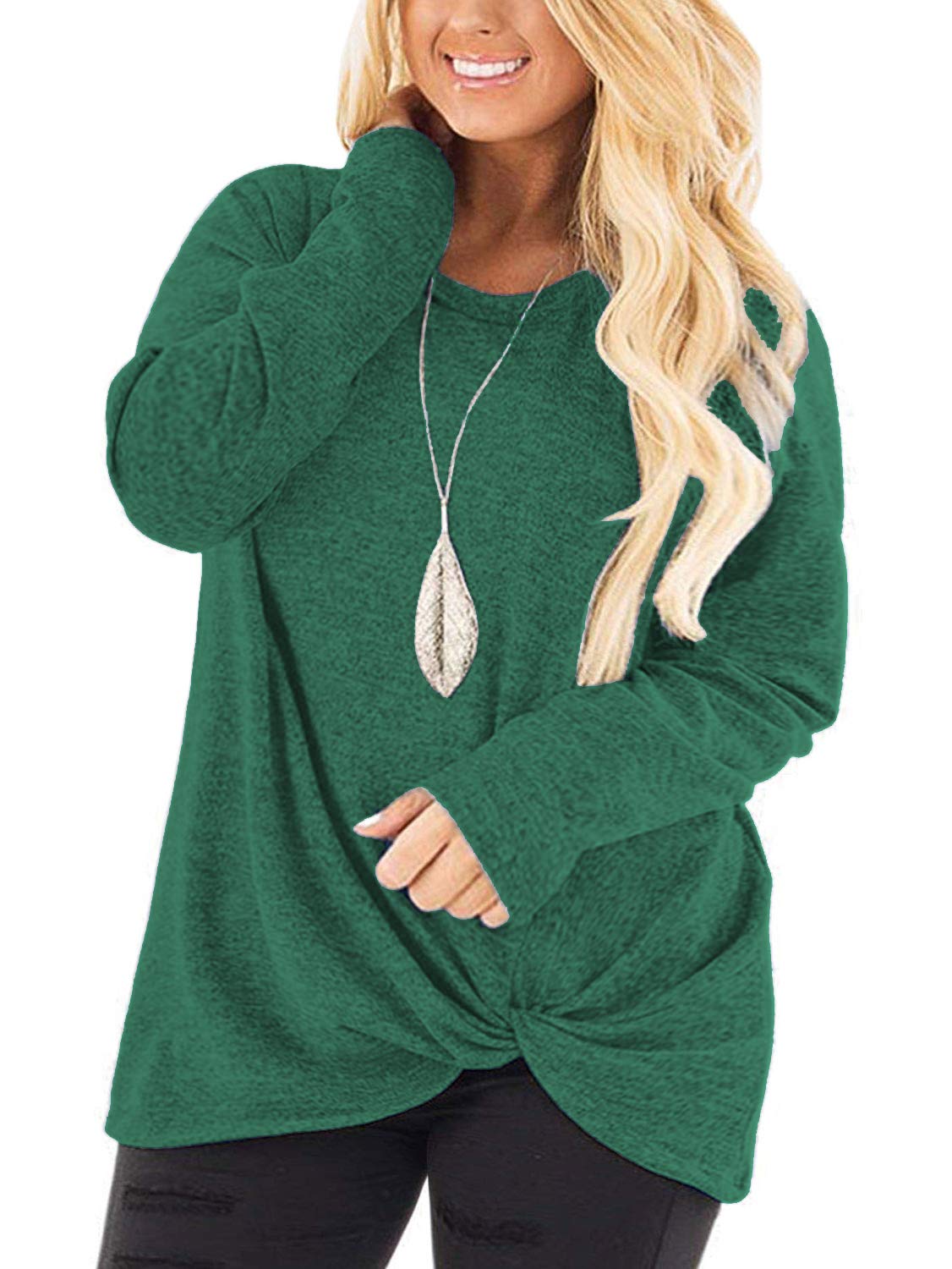 DOLNINE Women's Plus Size Knotted Long Sleeve T-Shirt - Loose Casual Blouse for Everyday Wear & Layering
