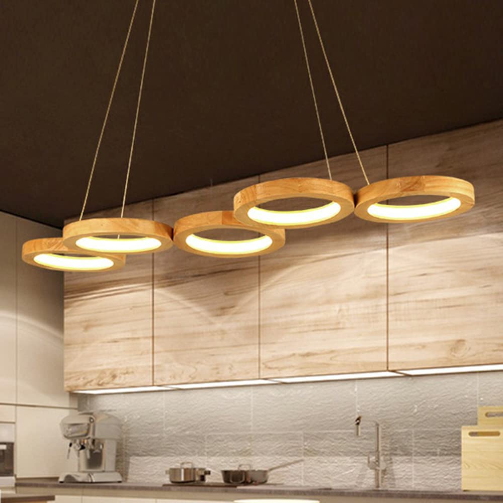 Dimmable LED Kitchen Island Pendant Light with Wood & Acrylic Shade - Modern Minimalist Hanging Lamp for Dining Room & Restaurant - Remote Control Stepless Dimming 5 Rings - Perfect for Kitchen Counter, Bar Counter, and Dining Table Lighting