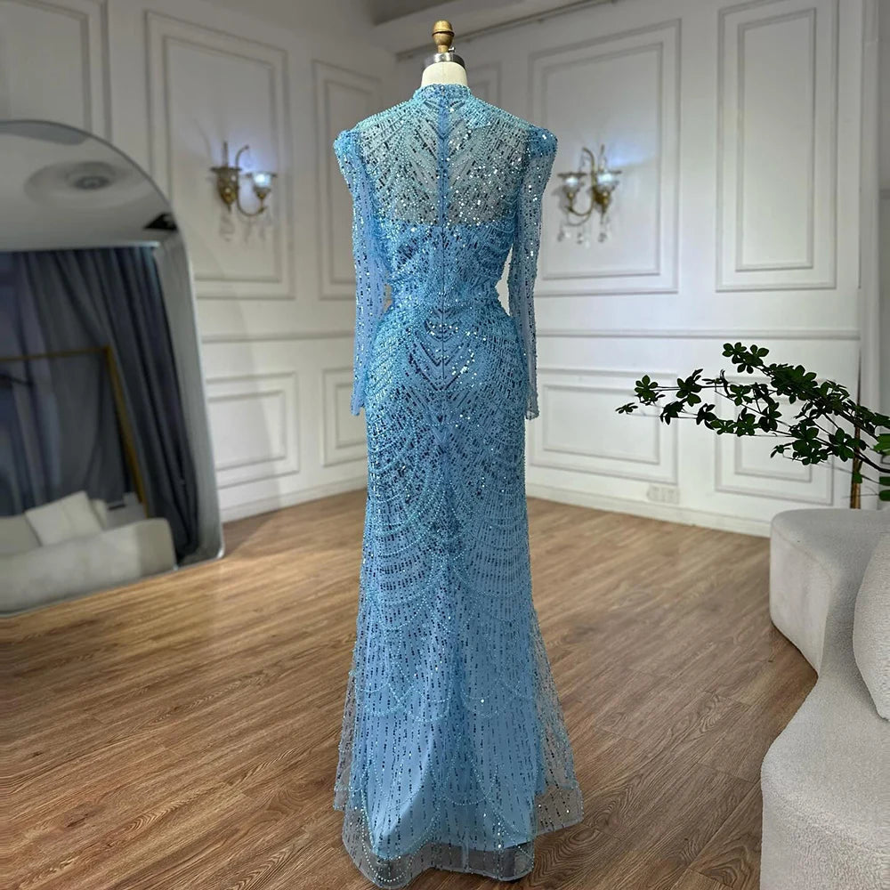 Luxury Dubai White Muslim Mermaid Evening Dress with Detachable Overskirt - Formal Gown for Weddings, Parties & Special Occasions - LA72032L
