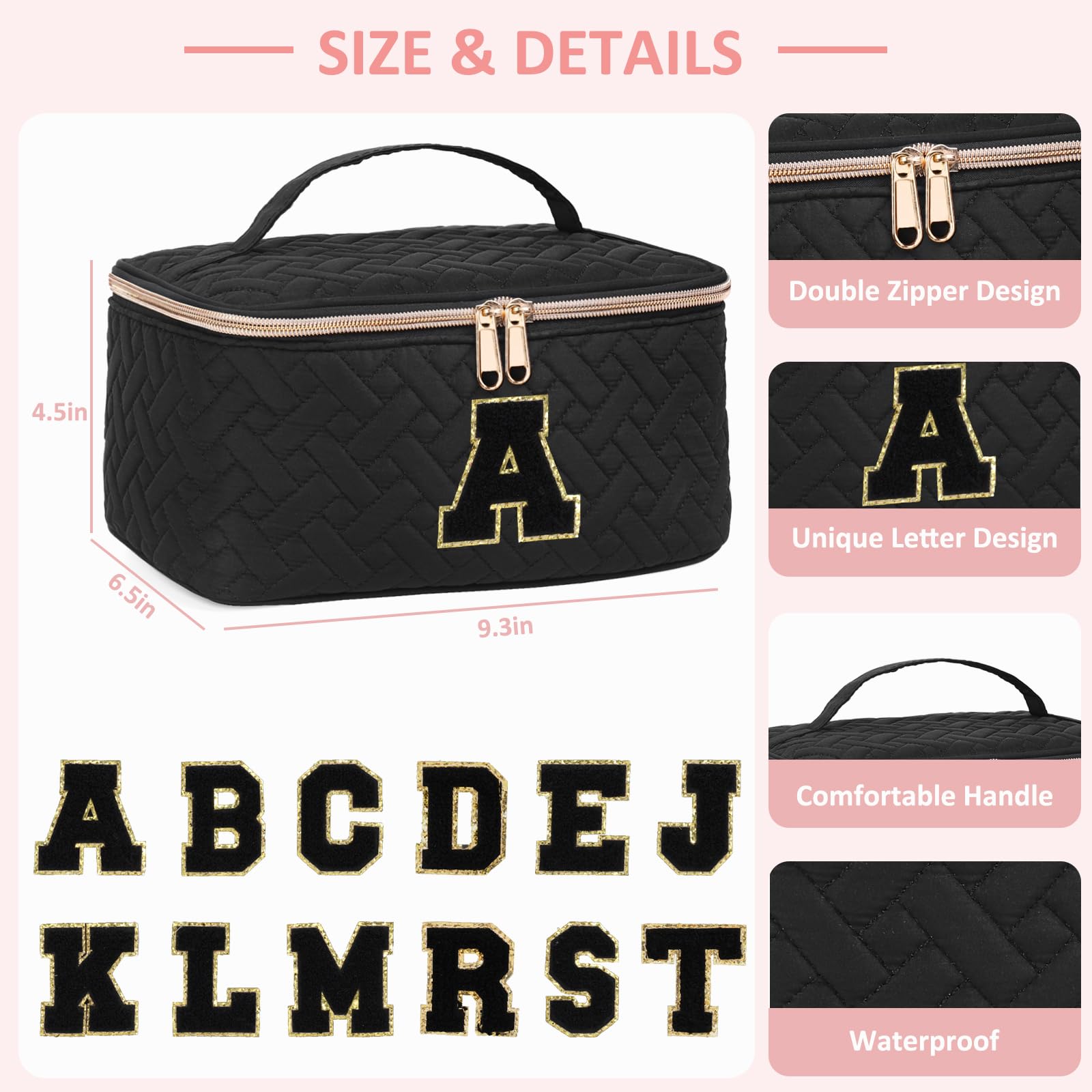 Personalized Chenille Letter Makeup Organizer Bag for Girls & Women - Custom Initial Cosmetic Pouch with Zipper | Trendy Preppy Quilted Portable Makeup Case | Perfect Birthday Gift for Teens & Friends (Large) | Great for Travel, School & Daily Beauty Essentials Storage