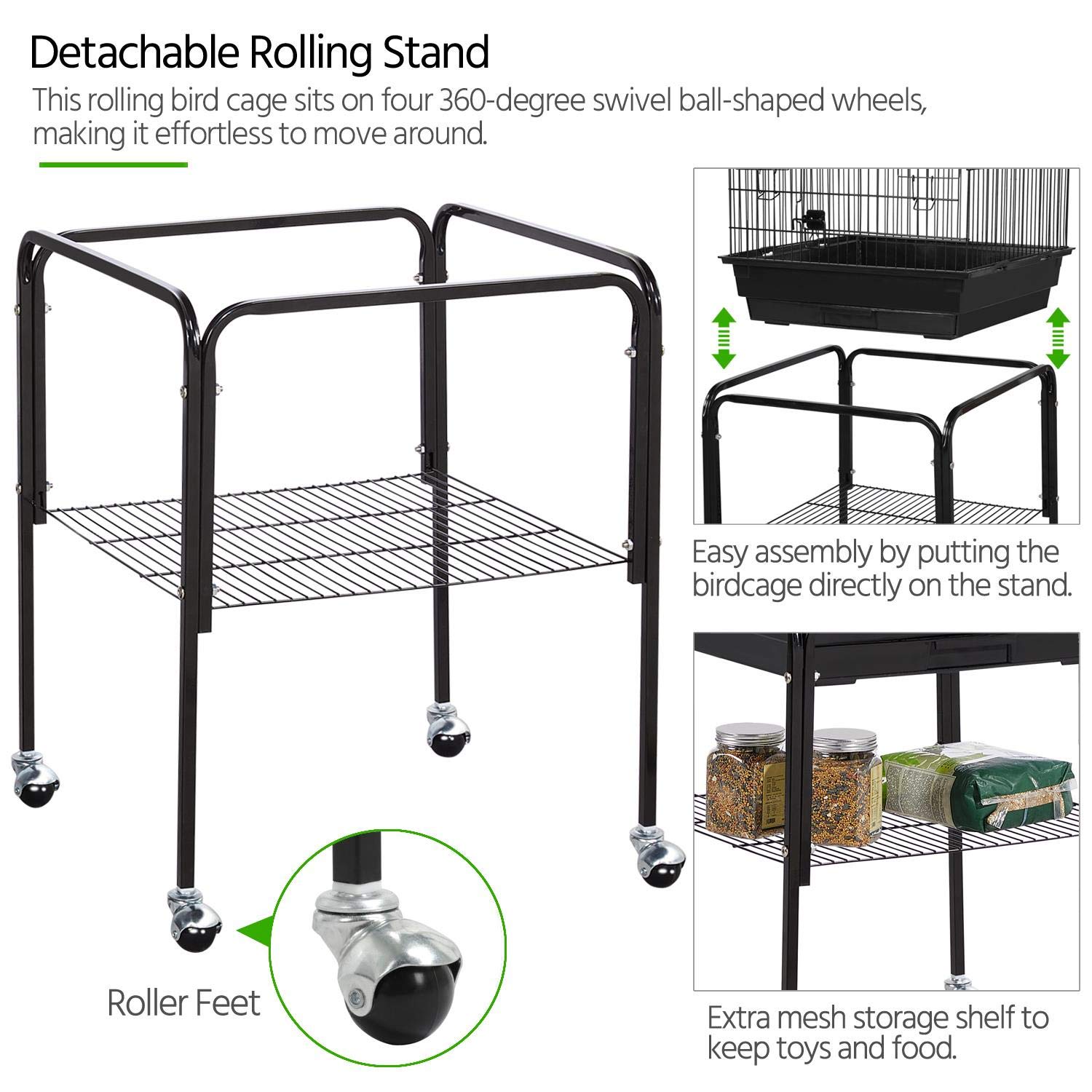 Yaheetech Open Top Rolling Parrot Cage for Cockatiels, Sun Conures & Green Cheek Parakeets - Medium Bird Cage with Detachable Stand - Perfect for Home, Office & Pet Store Use