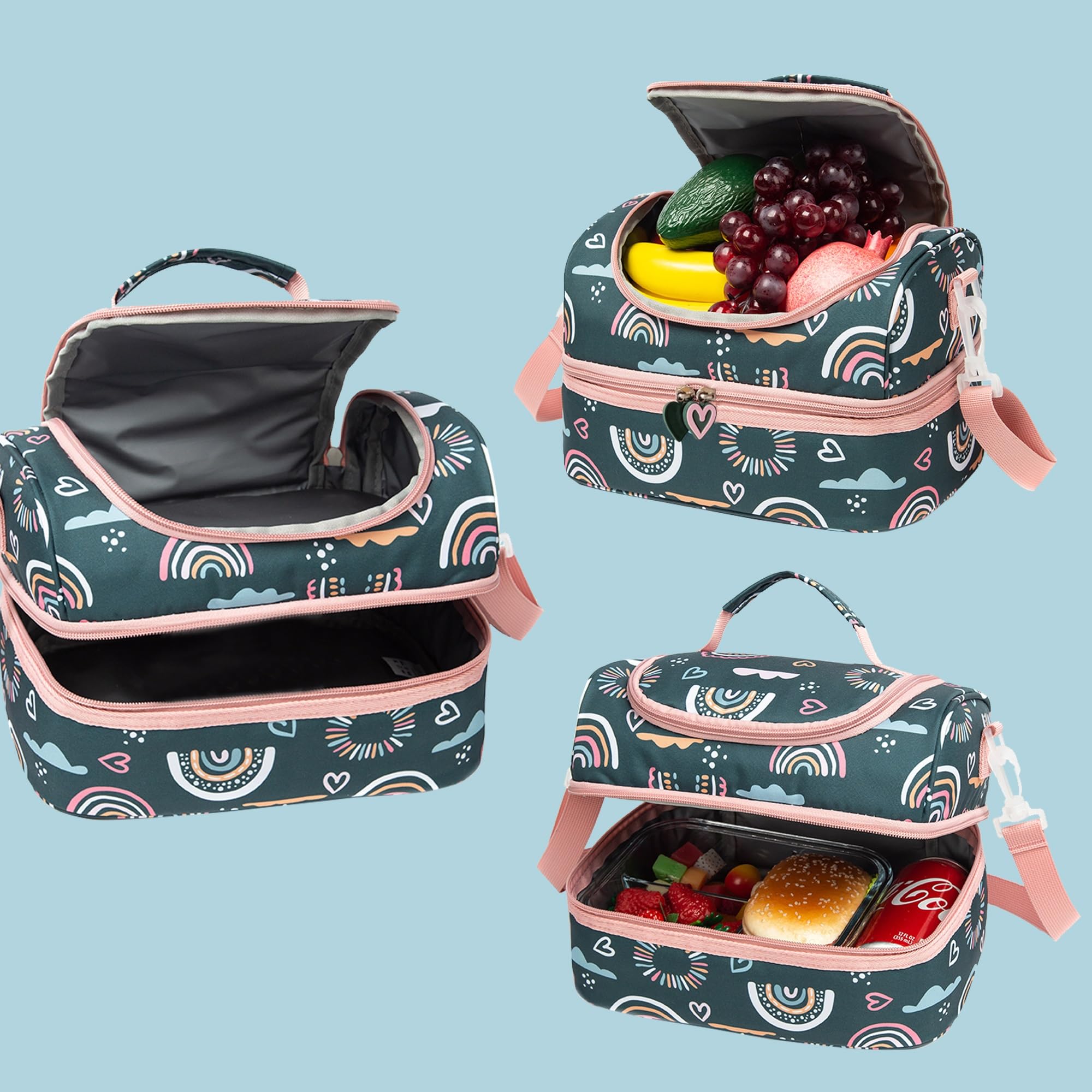 Insulated Kids Lunch Bag with Dual Compartments - Thermal Cooler Tote for Boys & Girls, Toddler School Picnic, Kindergarten Lunch Box with Adjustable Strap (Green Rainbow) - Perfect for School, Travel & Outdoor Activities
