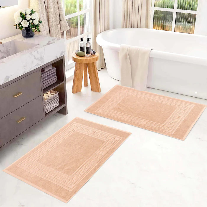 Premium Cotton 2-Piece Greek Key Border Bath Mat Set - Ultra Absorbent, Non-Slip Bathroom Rug - Perfect for Modern Bathrooms, Master Suites & Spa-Like Retreats