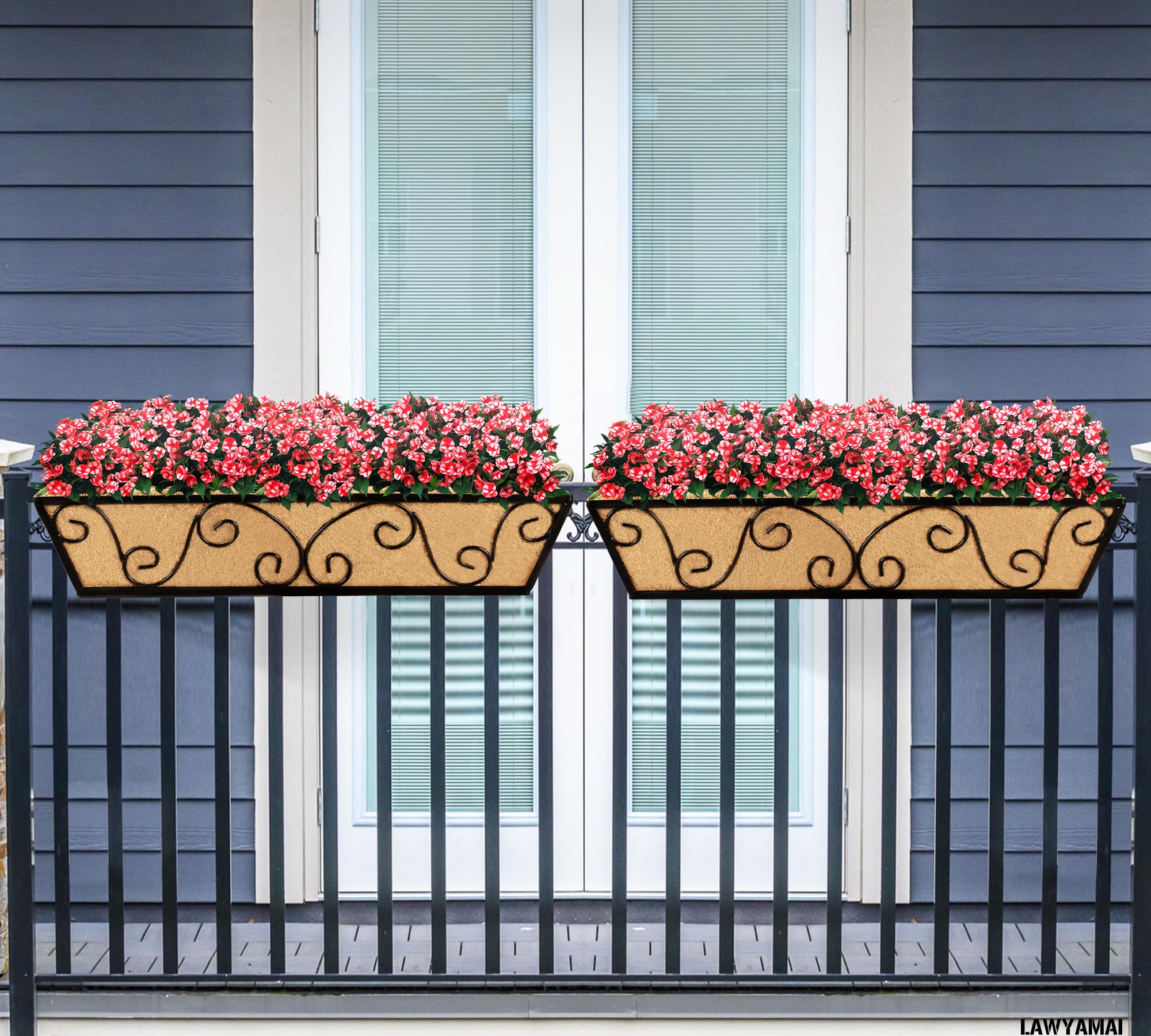2 Pack 24 Inch Window Box Planter with Coco Liner - Metal Hanging Flower Basket for Deck, Railing, Indoor & Outdoor Use - Perfect for Herbs, Flowers, and Small Plants in Home Garden Decor