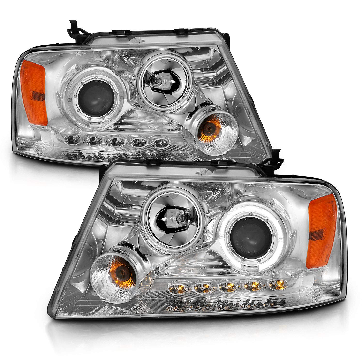 High-Performance AmeriLite Chrome LED Halo Projector Headlights for Ford F-150 - Driver & Passenger Side | Enhanced Night Visibility & Style Upgrade for Trucks