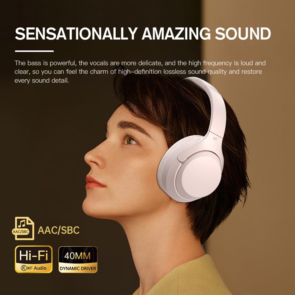 iKF T1 Pro Wireless & Wired Bluetooth Headphones with Noise Cancelling Mic, 100H Playtime, Hi-Fi Stereo Bass, Dual Device Pairing for iOS/Android - Perfect for Workouts, Commuting & Gaming (Pink)