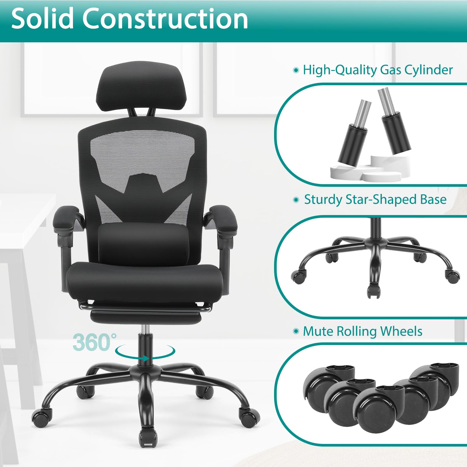 DUMOS Ergonomic High-Back Mesh Office Chair with Adjustable Footrest - Swivel Rolling Recliner with Wheels, Lumbar Support & Headrest - Comfortable Desk Chair for Home Office, Gaming & Study - Perfect for Long Working Hours & Online Classes - Black