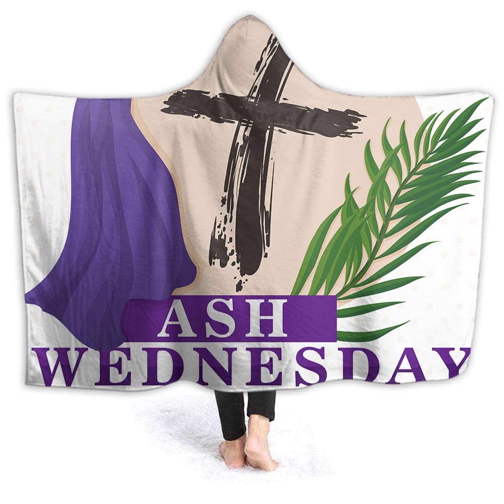 EKOBLA Ash Wednesday Hooded Blanket - Green Palm Branch & Purple Stole Bible Cartoon Cross Design - Ultra-Cozy Flannel Throw Blanket 80x60 Inch - Anti-Pilling for Home, Office, School - Perfect for Prayer, Bible Study, Lent Season & Religious Comfort