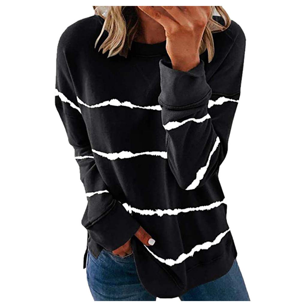 Women's Casual Striped Sweatshirt - Thermal Crewneck Long Sleeve T-Shirt - Loose Fit Womens Top - White Long Sleeve Shirt for Everyday Wear, Lounge & Fall Outfits