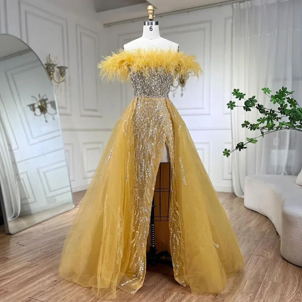 Serene Hill Blue Diamond Feather Mermaid Elegant Evening Dress with Overskirt - Women's Formal Gown for Wedding, Party & Special Occasions 2025 | LA72061